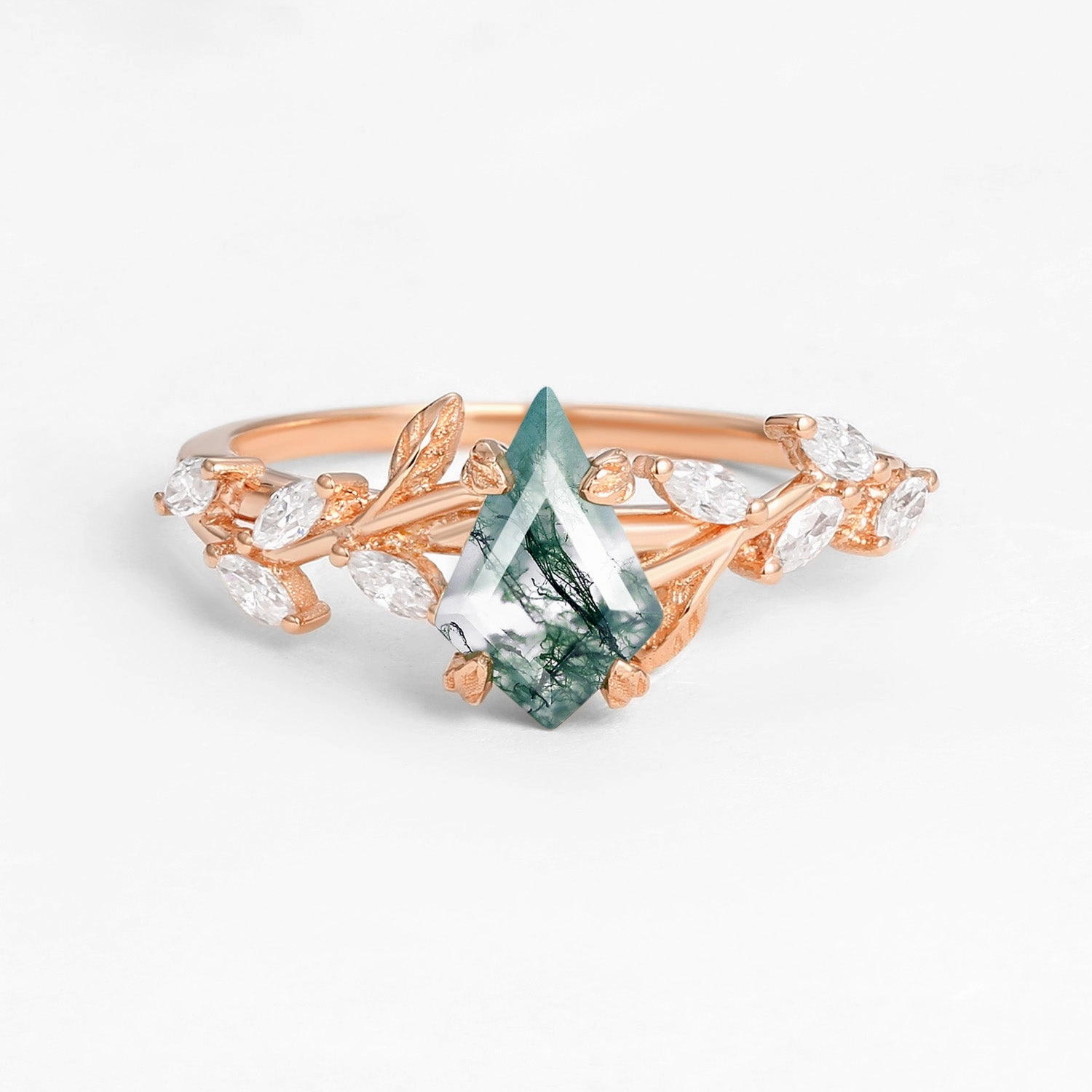 Kite Cut Clear Moss Agate Leafy Gold Engagement Ring - Dart Artistic Creation