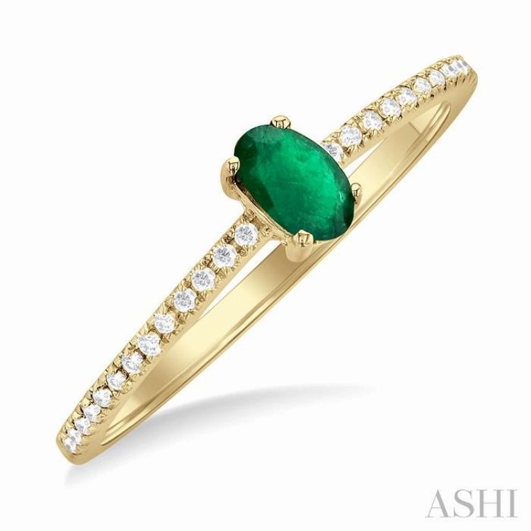 5x3 MM Oval Cut Emerald and 1/10 Ctw Petite Round Cut Diamond Precious Fashion Ring in 10K Yellow Gold Holiday Choice