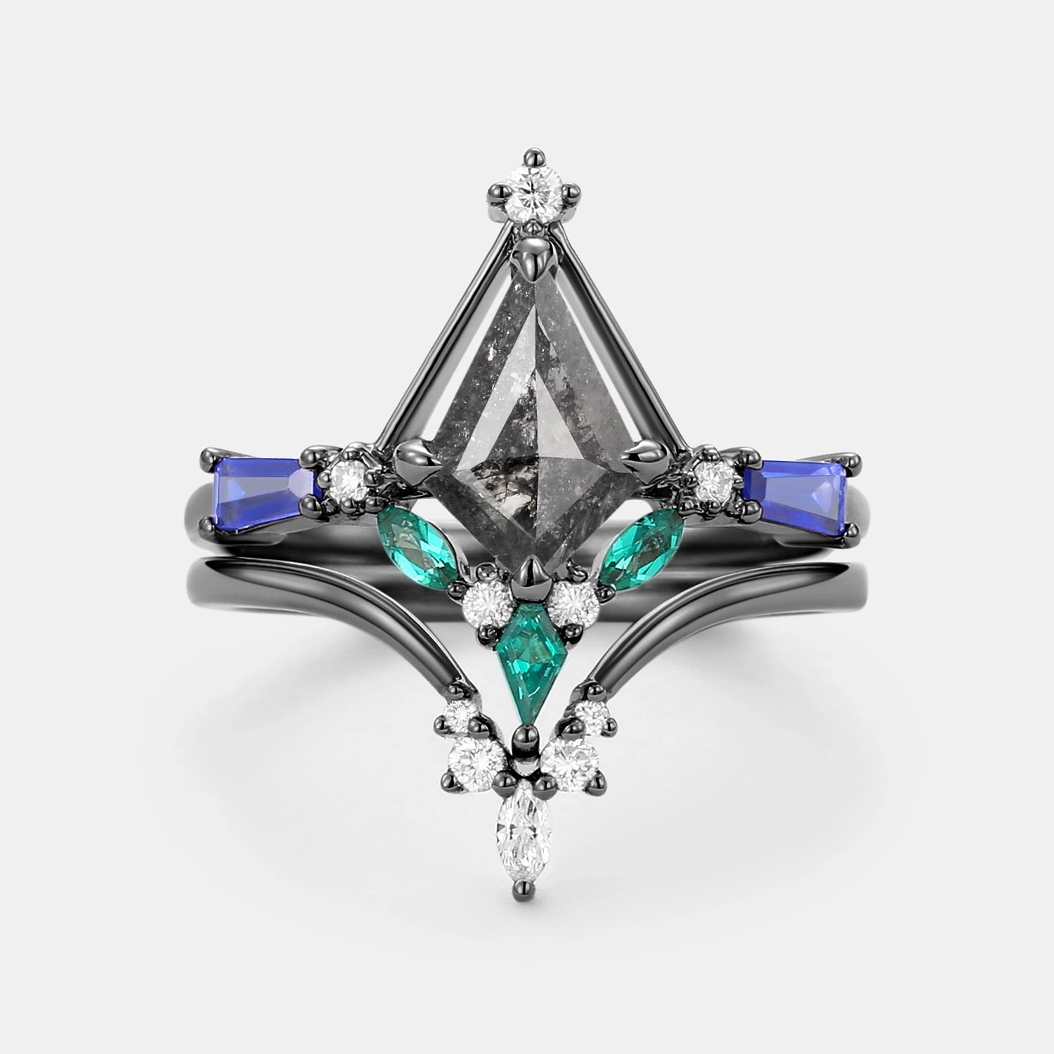 Unique Kite Cut Salt and Pepper Diamond Curved Engagement Ring Set 2pcs Bold Accent