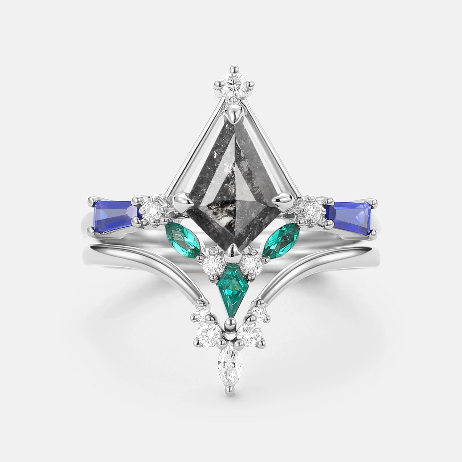 Gorgeous Accent Unique Kite Cut Salt and Pepper Diamond Curved Engagement Ring Set 2pcs