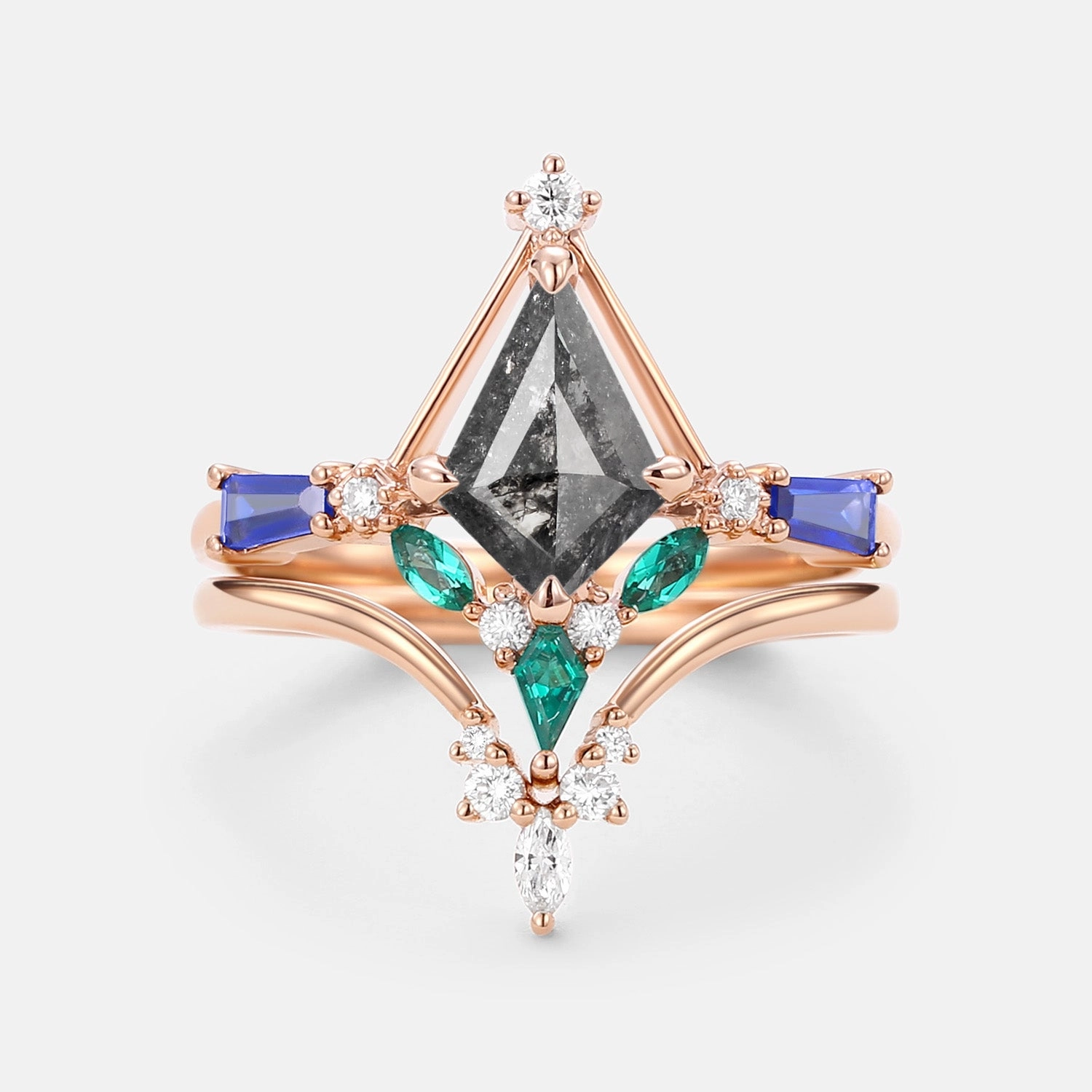 Unique Kite Cut Salt and Pepper Diamond Curved Engagement Ring Set 2pcs Shiny Jewelry Unique Decoration