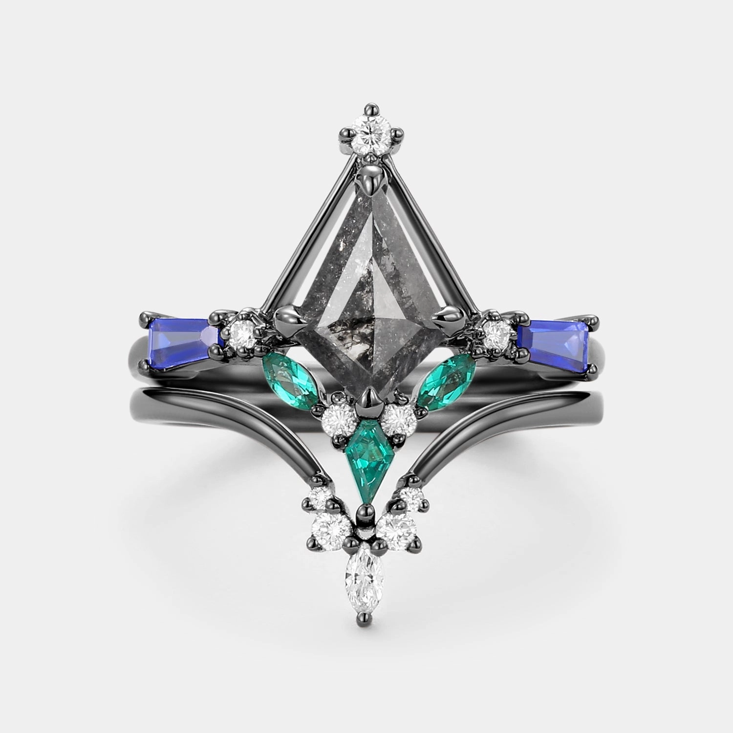 Custom Style Unique Kite Cut Salt and Pepper Diamond Curved Engagement Ring Set 2pcs