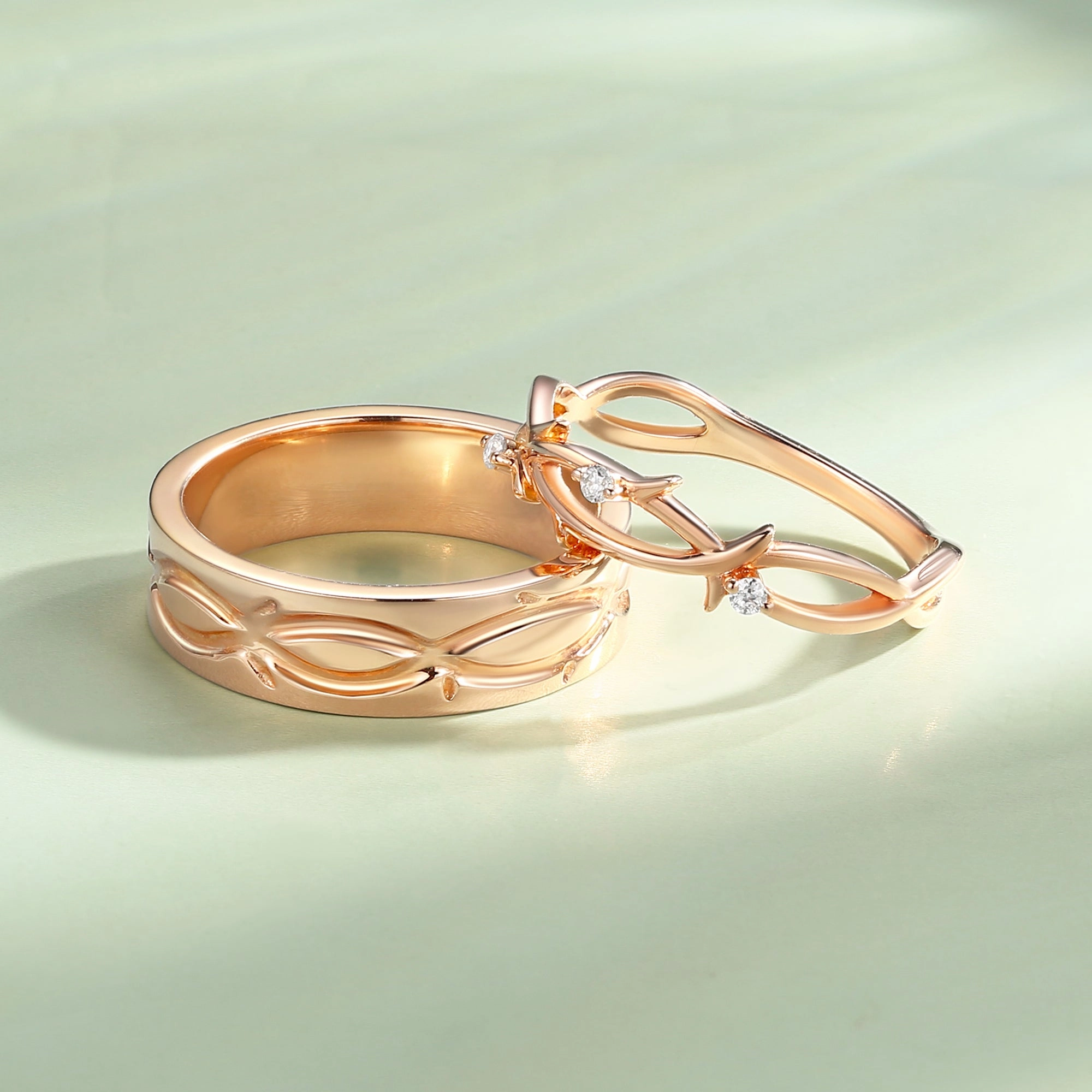 Minimalism Twig Moissanite Couple Ring Set 2pcs - Vein Bold Memento Luxe Finish