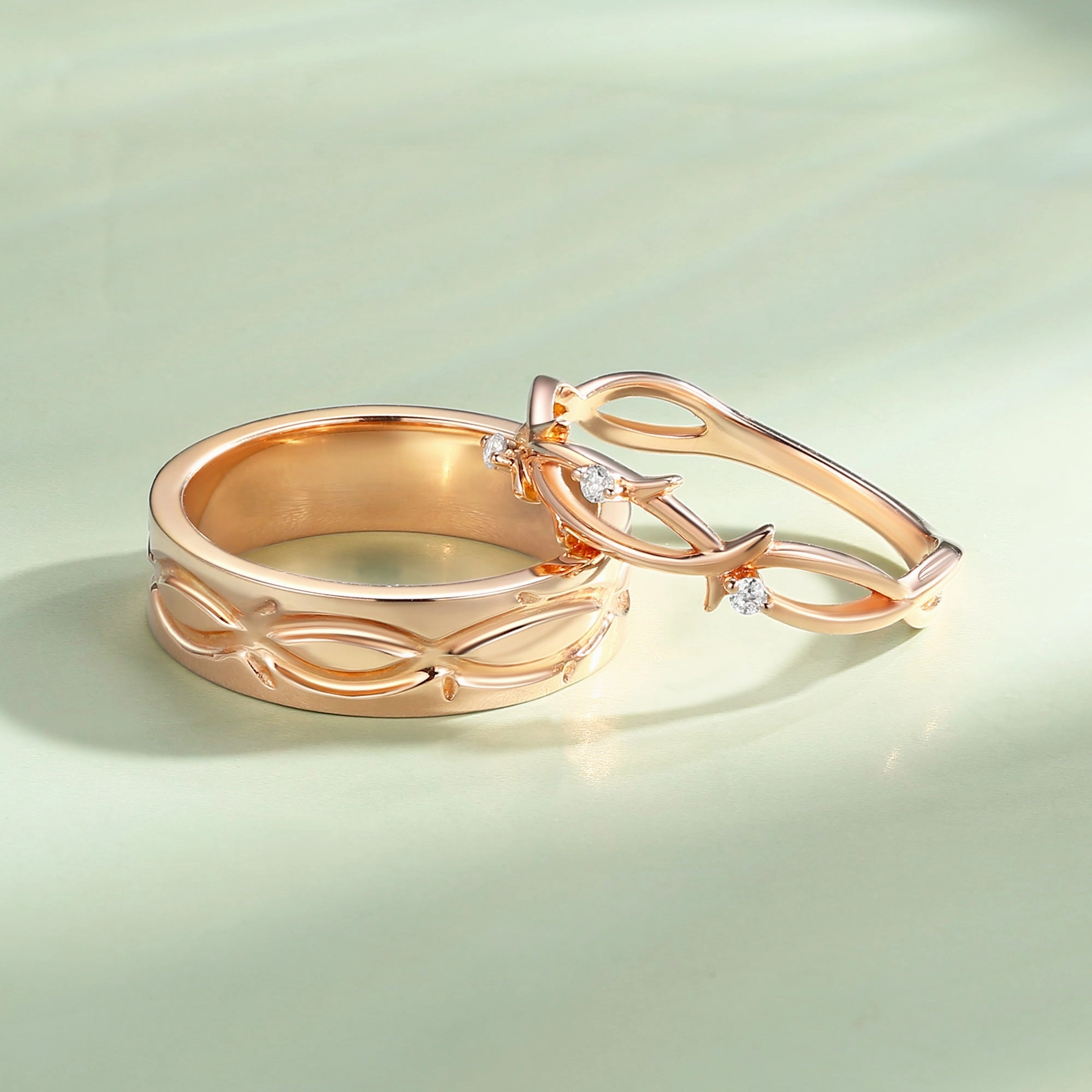 Minimalism Twig Moissanite Couple Ring Set 2pcs - Vein Gentle Balance Designer Piece