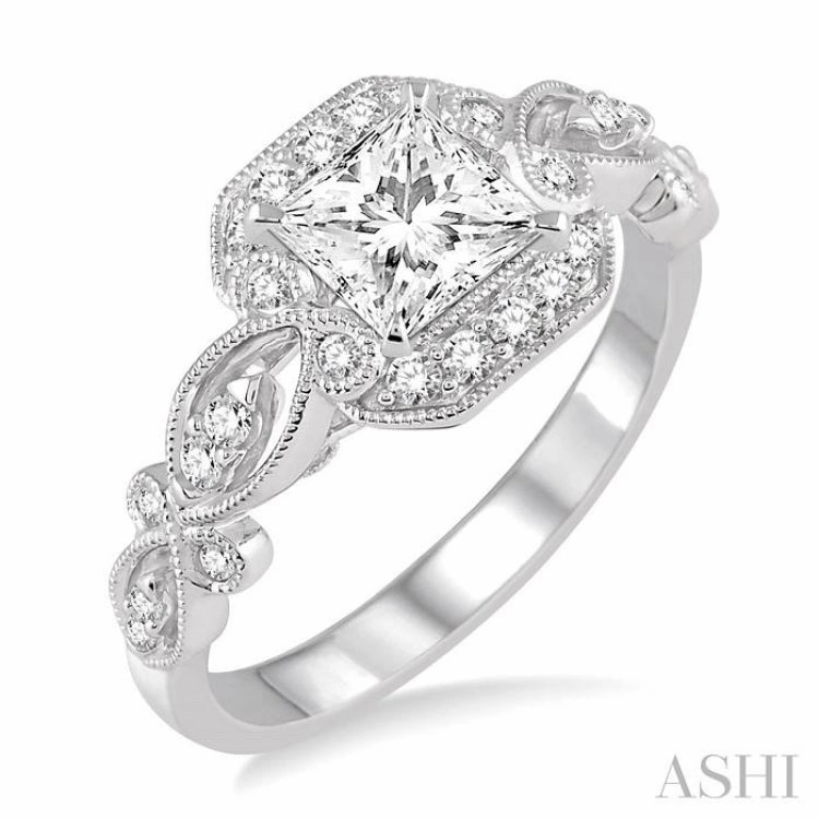 All Season 3/4 ctw Diamond Engagement Ring with 1/2 ct Princess Cut Center Stone in 14K White Gold