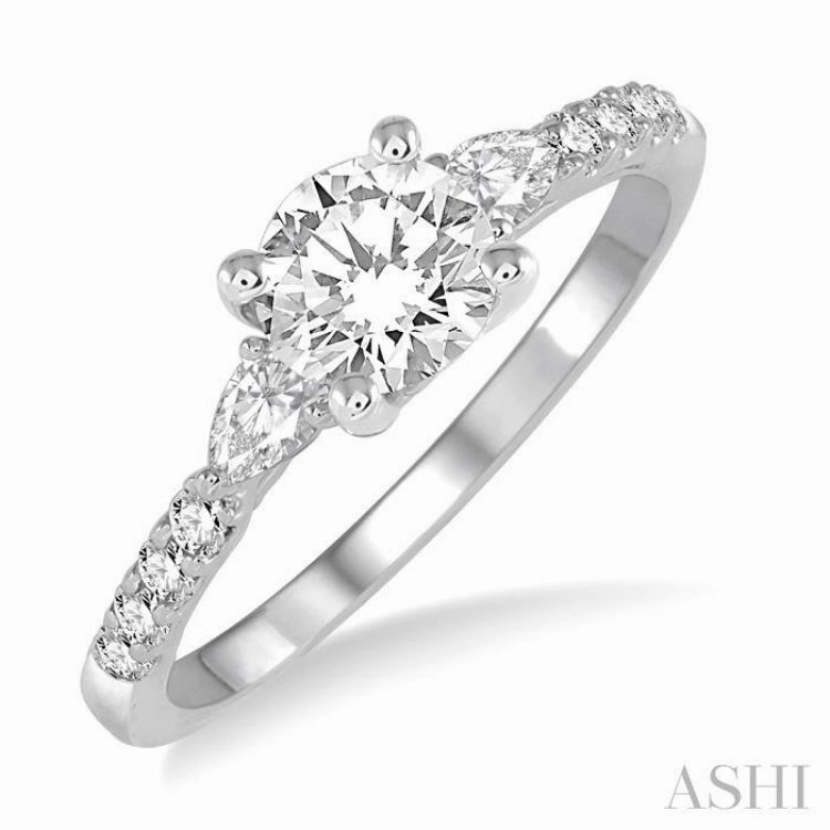 7/8 Ctw Pear and Round Cut Diamond Engagement Ring With 1/2 Ct Round Cut Center Stone in 14K White Gold Comfortable Look Strong Ornament