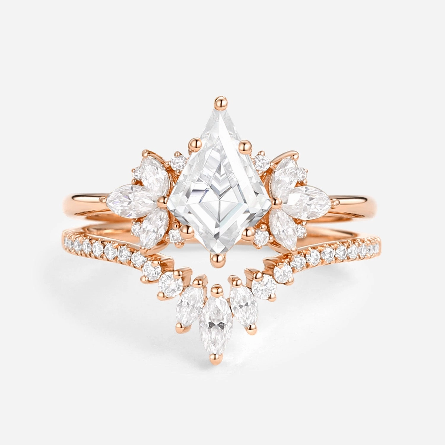 Fairy Ring - Kite Cut Moissanite Butterfly Cluster Ring Set 2pcs Classic Emblem