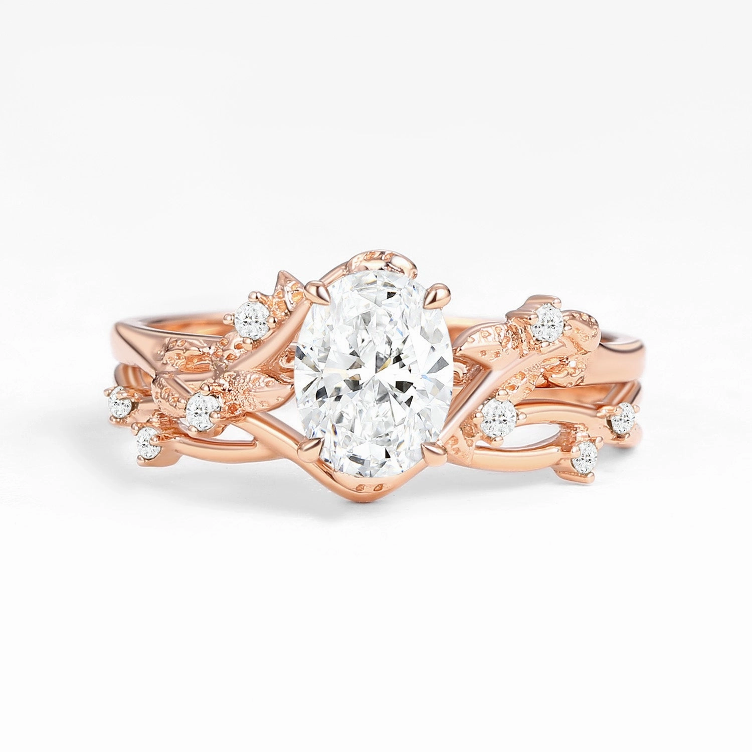 Nature Inspired - Oval Cut Lab Grown Diamond Leafy Gold Ring Set 2pcs - Mossy Economical Adornment Glamorous Craft