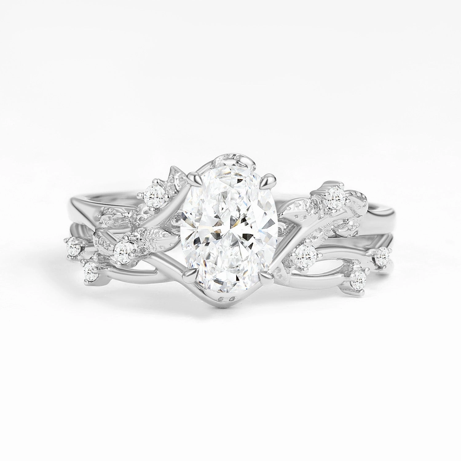 Nature Inspired - Oval Cut Lab Grown Diamond Leafy Gold Ring Set 2pcs - Mossy Premium Adornment Minimal Beauty