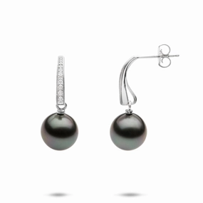 Tahitian Black Pearl Earrings in White Gold with Diamonds - 9-10mm Refined Element