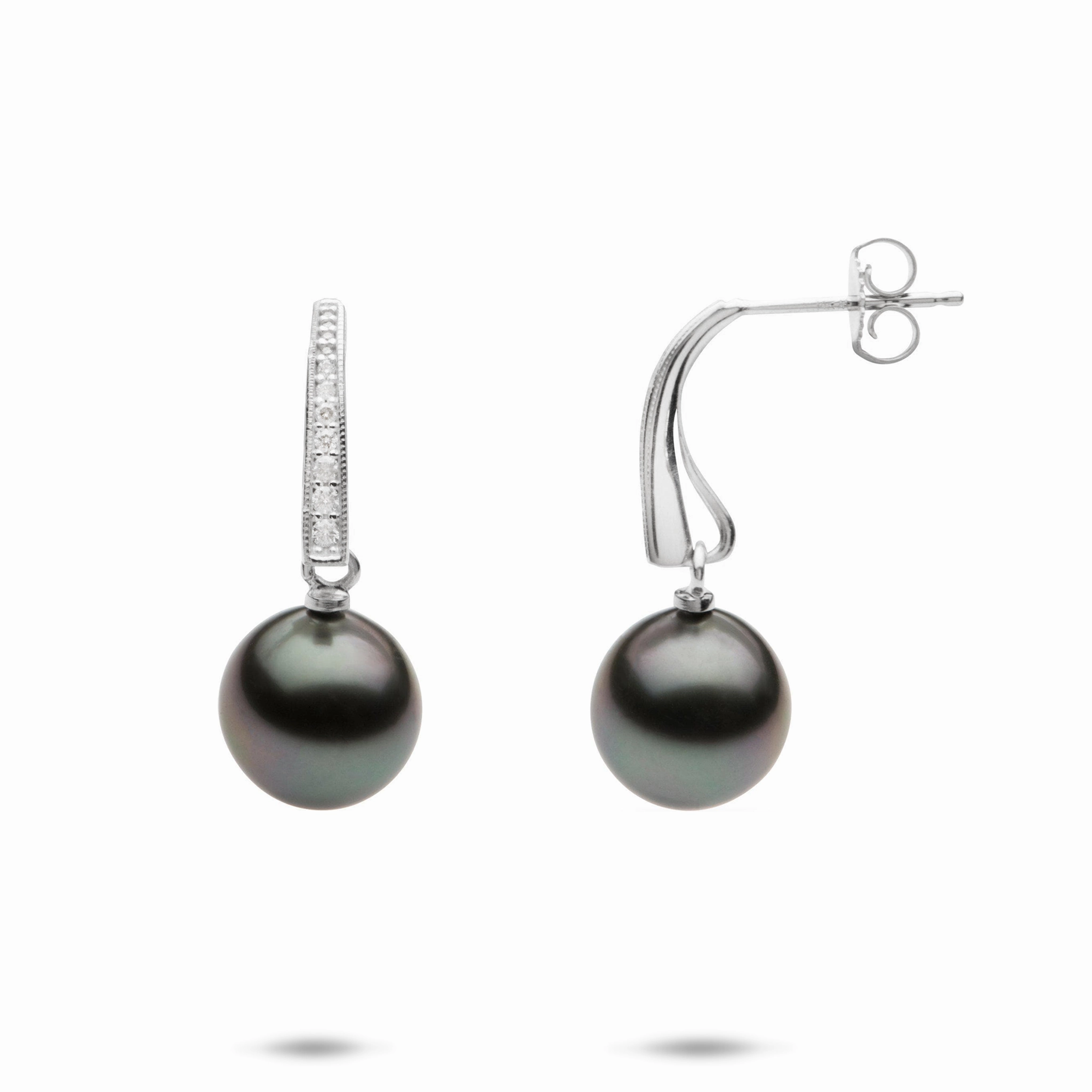 Tahitian Black Pearl Earrings in White Gold with Diamonds - 9-10mm Trendy Fit