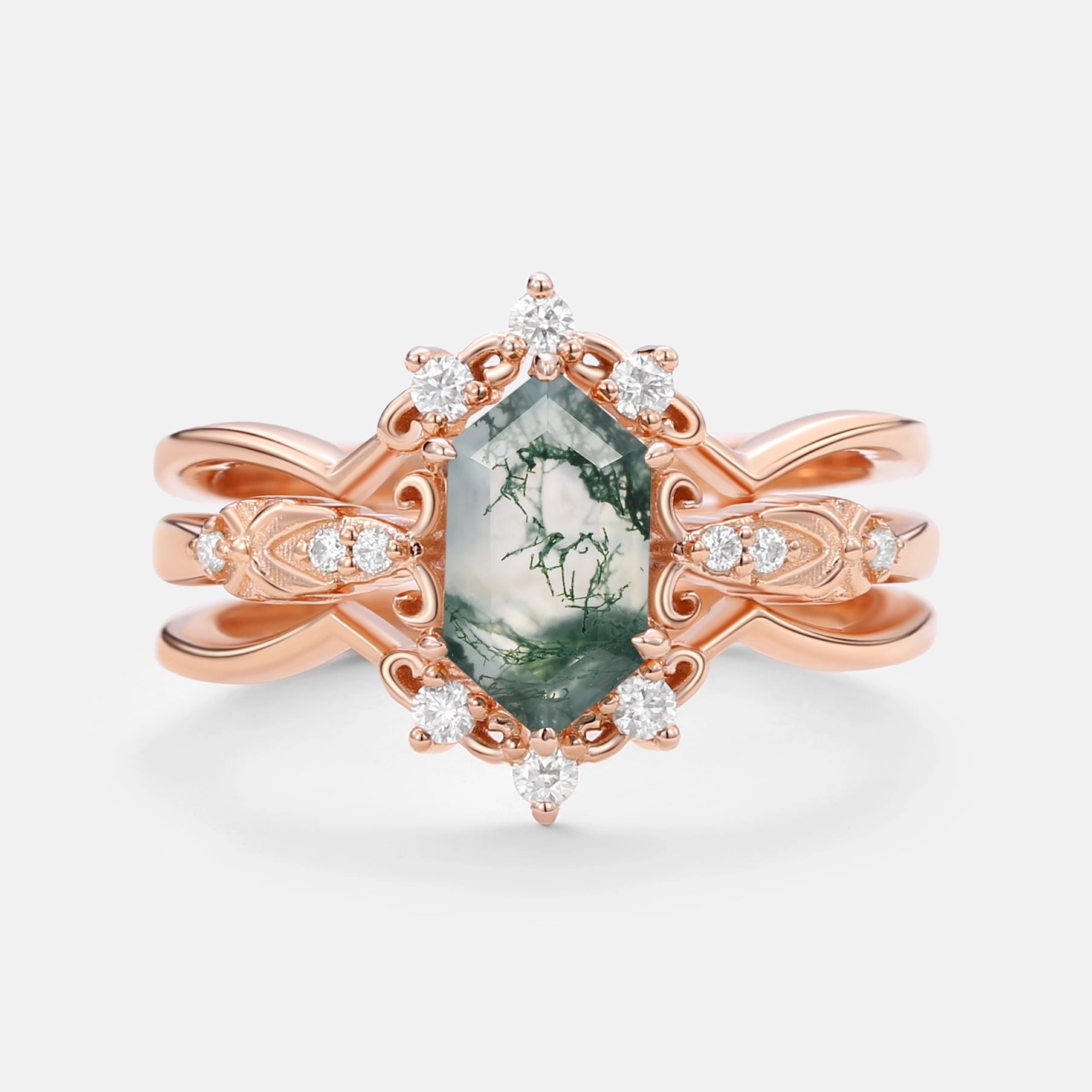 Vintage Long Hexagon Moss Agate Moissanite  Ring Set 2pcs Modern Art Glamorous Item