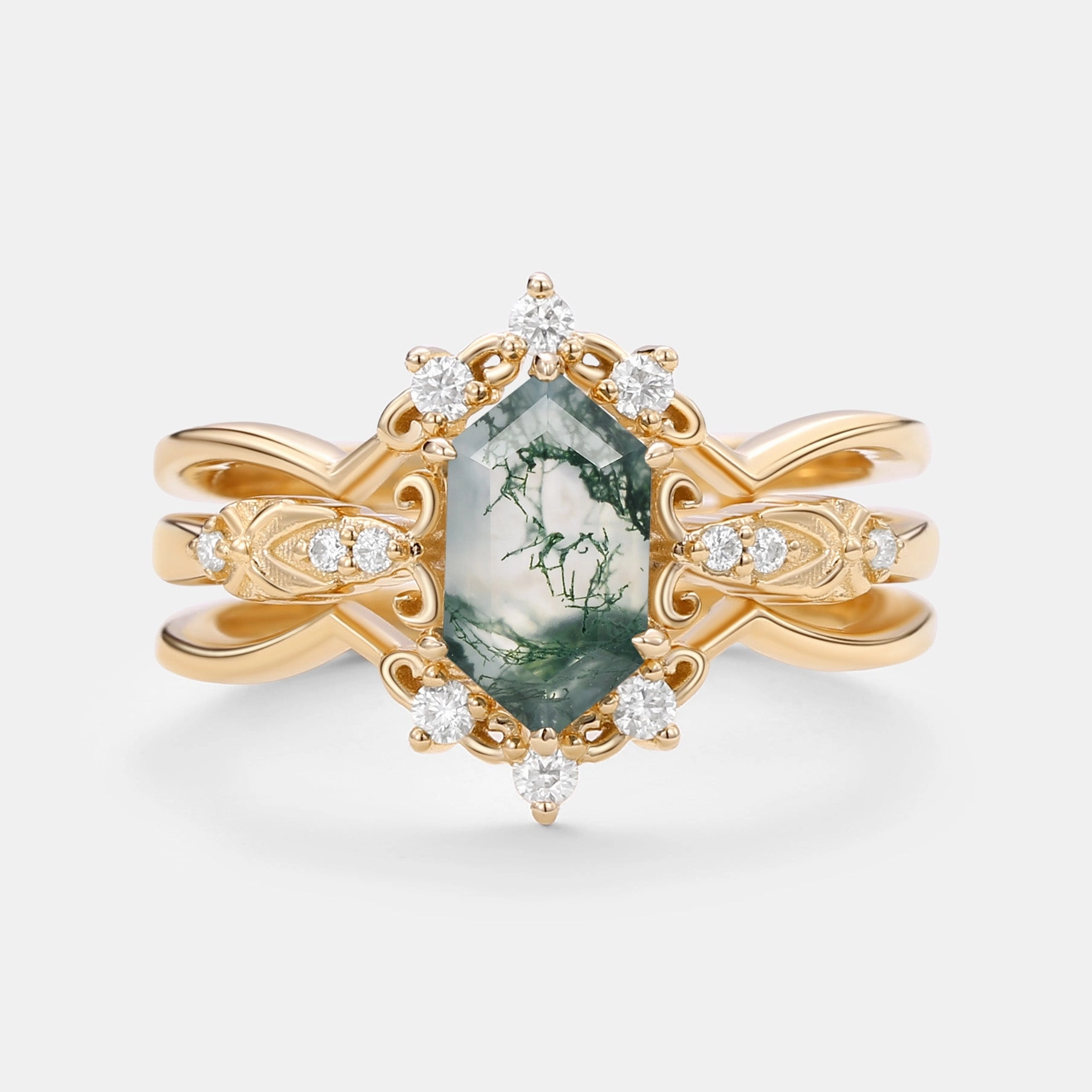 Vintage Long Hexagon Moss Agate Moissanite  Ring Set 2pcs Chic Symbol