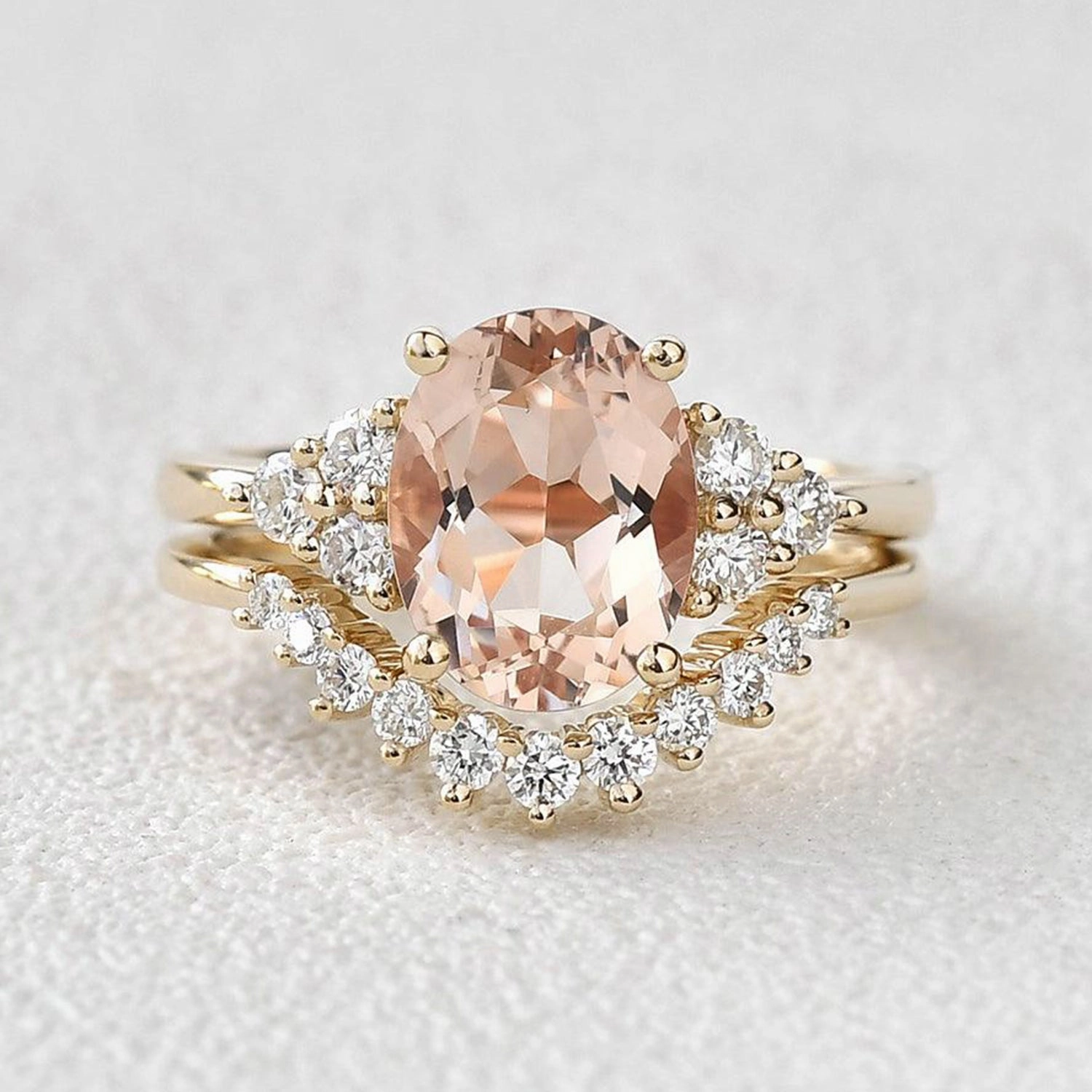 4.75ct Morganite Oval Classic Rose Gold Ring Set 2PCS - Faye Exclusive Statement Delicate Adornment