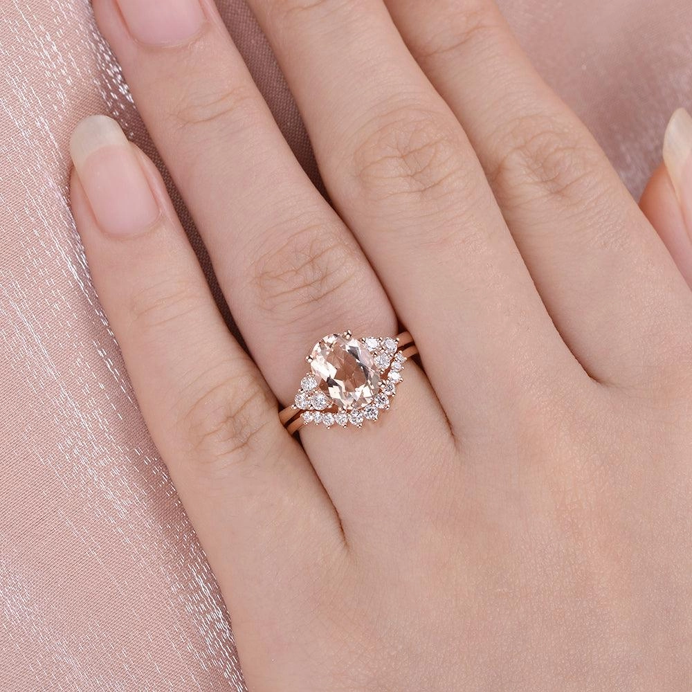 Soft Movement Fine Embellishment 4.75ct Morganite Oval Classic Rose Gold Ring Set 2PCS - Faye