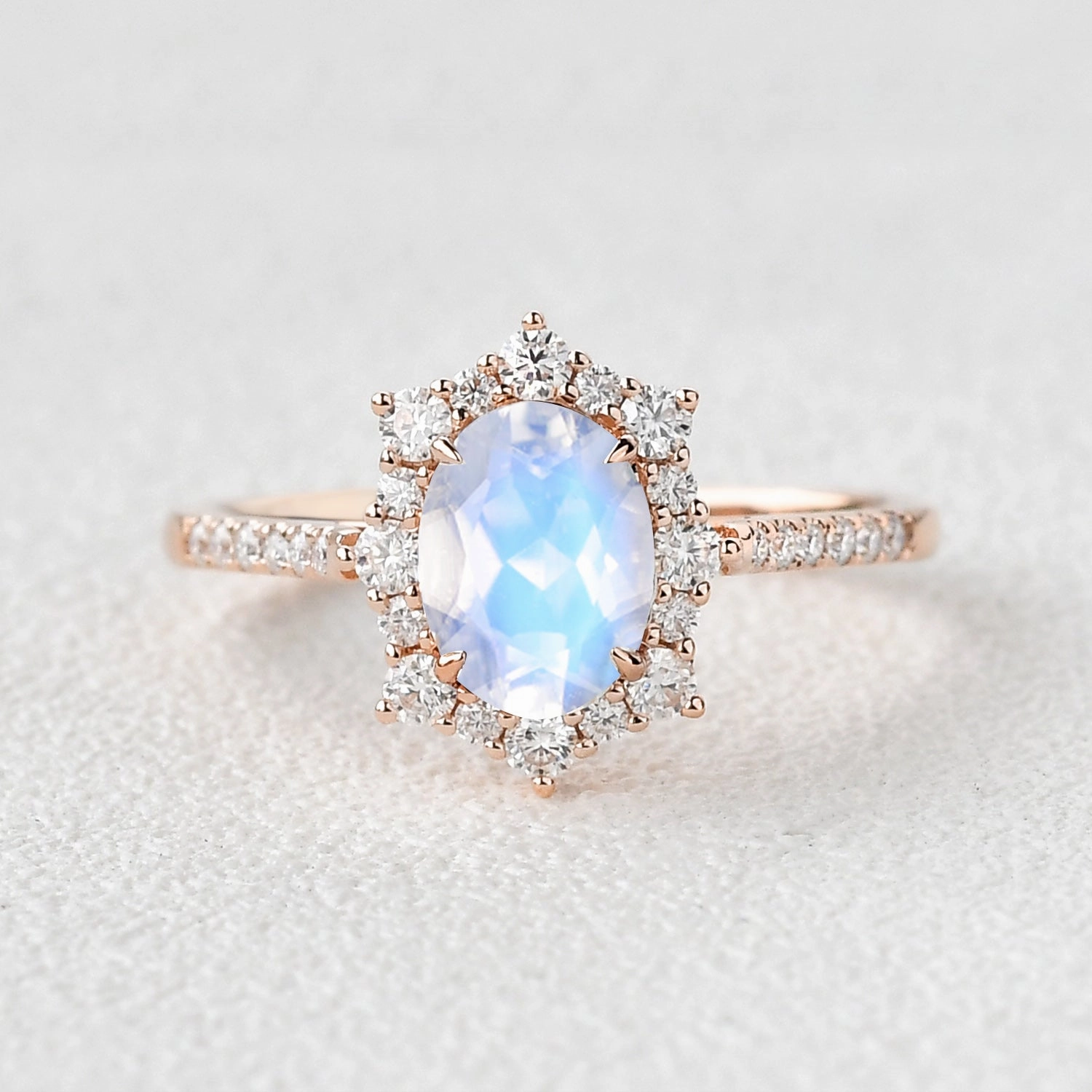 Superior Expression Eternal Design 1.5ct Oval Moonstone Cluster Halo Ring