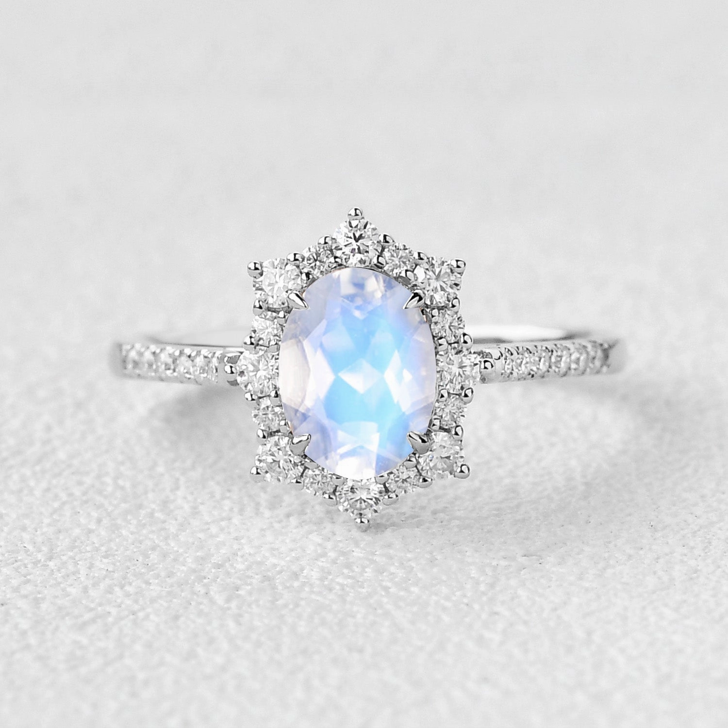 1.5ct Oval Moonstone Cluster Halo Ring Minimal Present