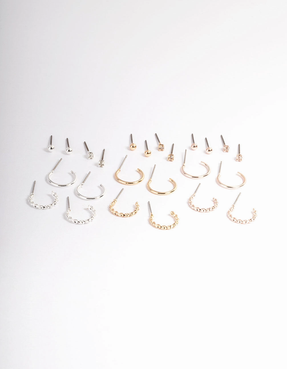 Mixed Metal Plain & Dimanate Stud & Hoop Earring 12-Pack Youthful Twist