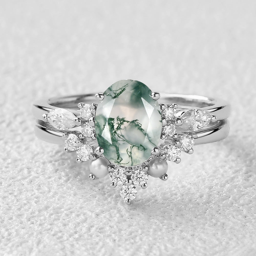 Low-Cost Embellishment 1.5ct Oval Cut Moss Agate Stacking Pearl Engagement Ring Set 2pcs