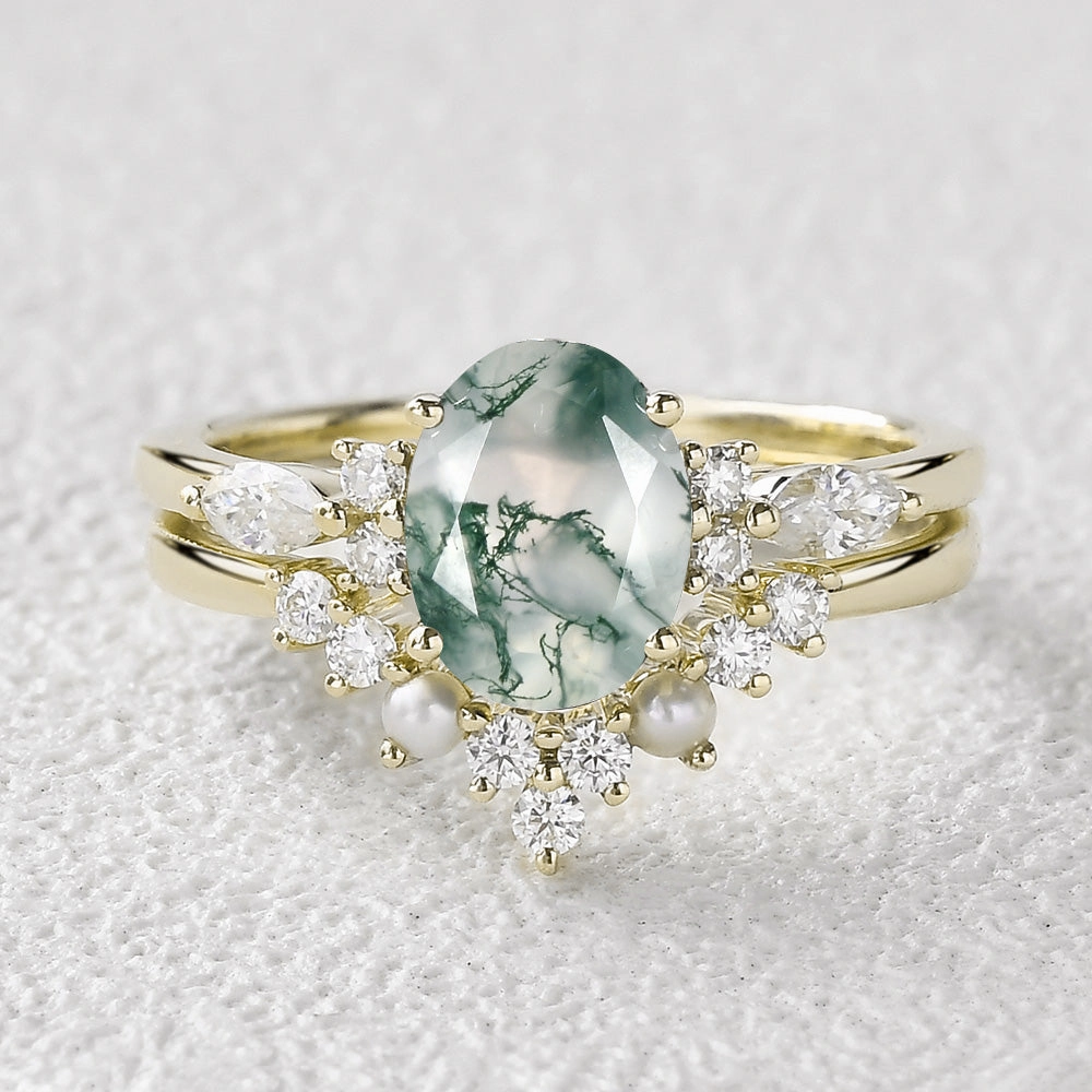 Unique Accessories 1.5ct Oval Cut Moss Agate Stacking Pearl Engagement Ring Set 2pcs
