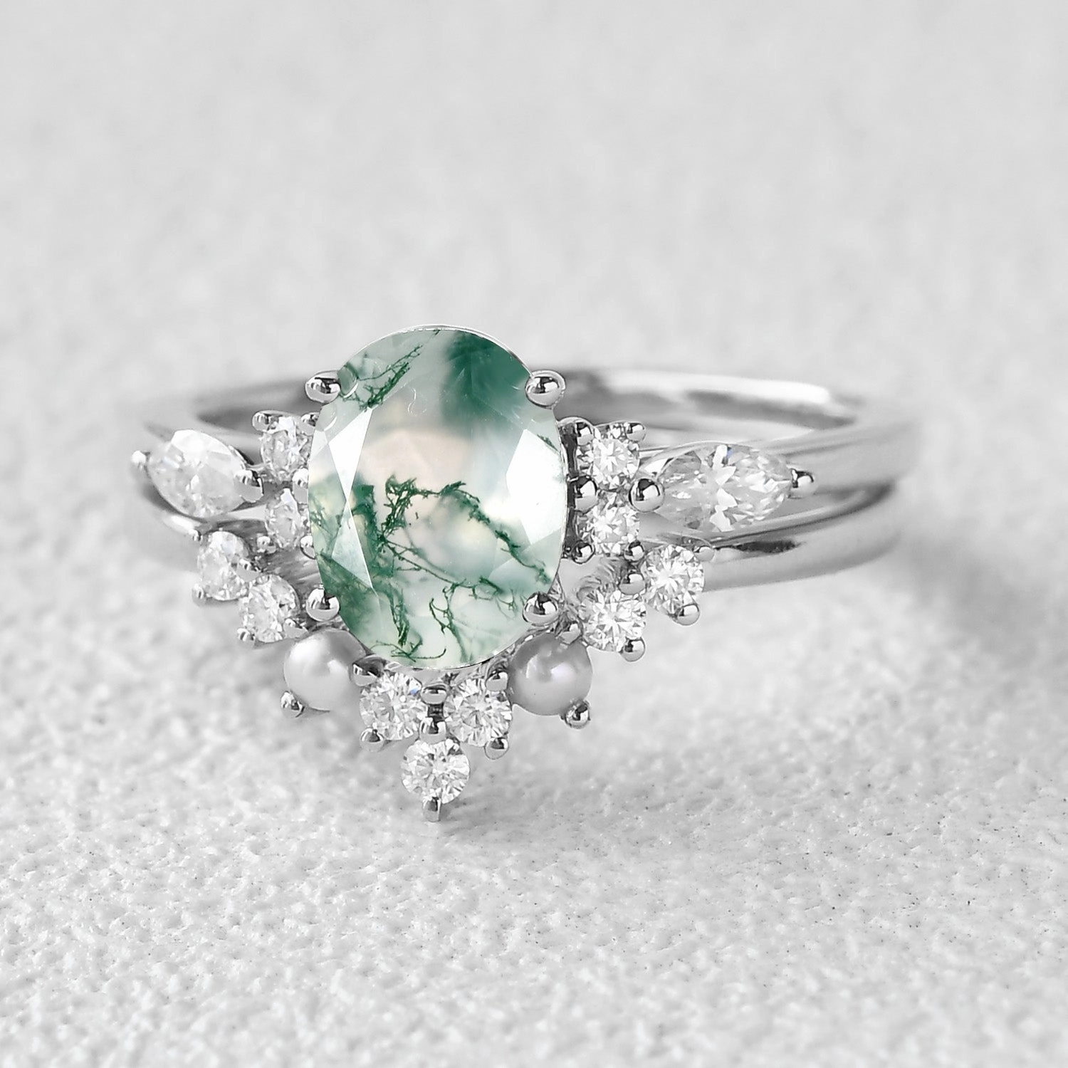 Lovely Look Layer Accent 1.5ct Oval Cut Moss Agate Stacking Pearl Engagement Ring Set 2pcs
