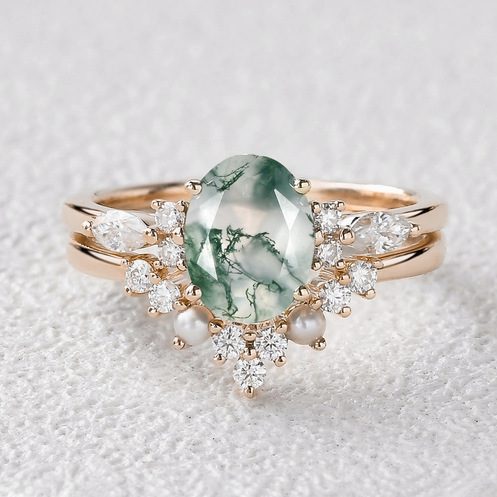 Elegant Jewelry 1.5ct Oval Cut Moss Agate Stacking Pearl Engagement Ring Set 2pcs
