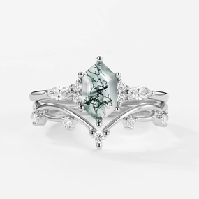 Luxurious Style Elongated Hexagon Moss Agate Twig Engagement Ring Set 2pcs - Ona