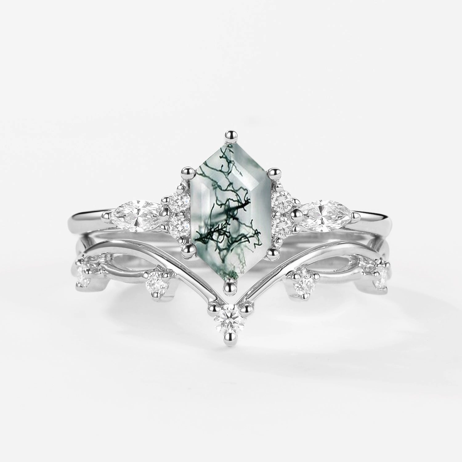 Luxurious Style Elongated Hexagon Moss Agate Twig Engagement Ring Set 2pcs - Ona
