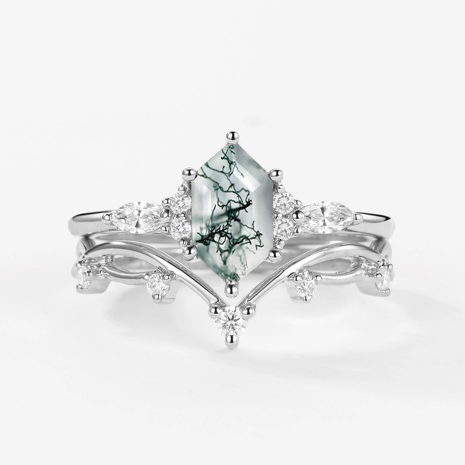 Timeless Finish Elongated Hexagon Moss Agate Twig Engagement Ring Set 2pcs - Ona