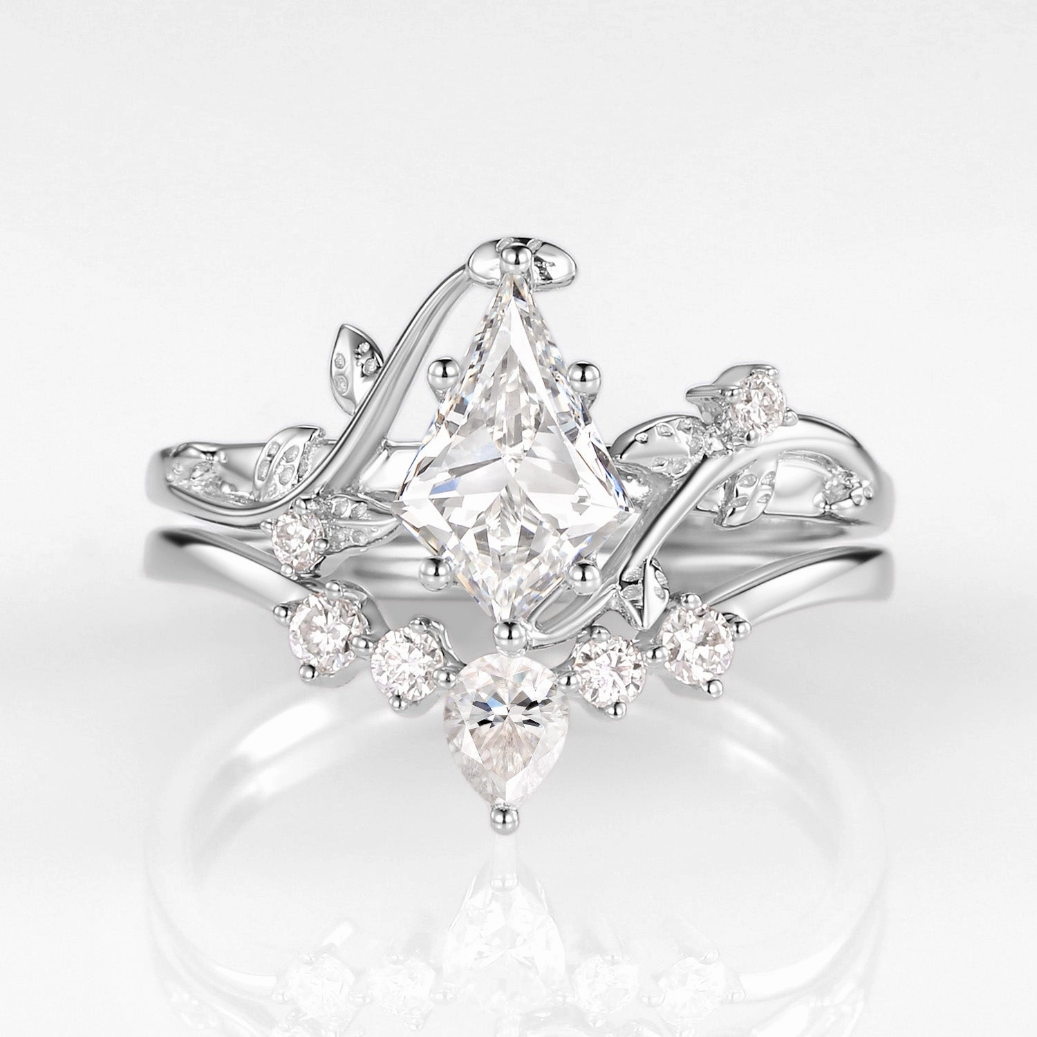 Couple Matching Vintage Gift Nature Inspired - Unique Kite Cut Moss Agate Leafy Bridal Ring Sets 2pcs - Willow