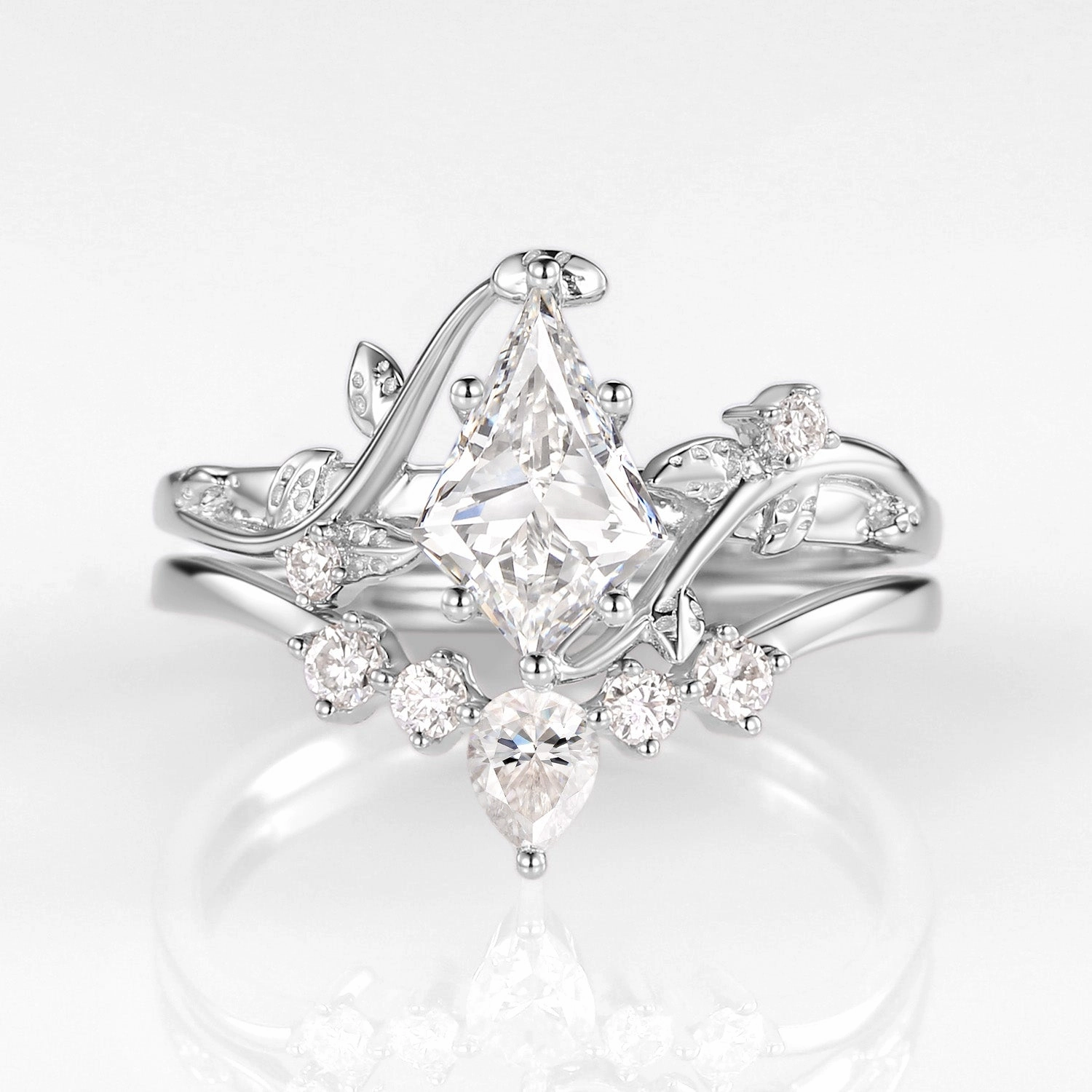 Nature Inspired - Unique Kite Cut Moss Agate Leafy Bridal Ring Sets 2pcs - Willow Allure Form Luxury Pieces