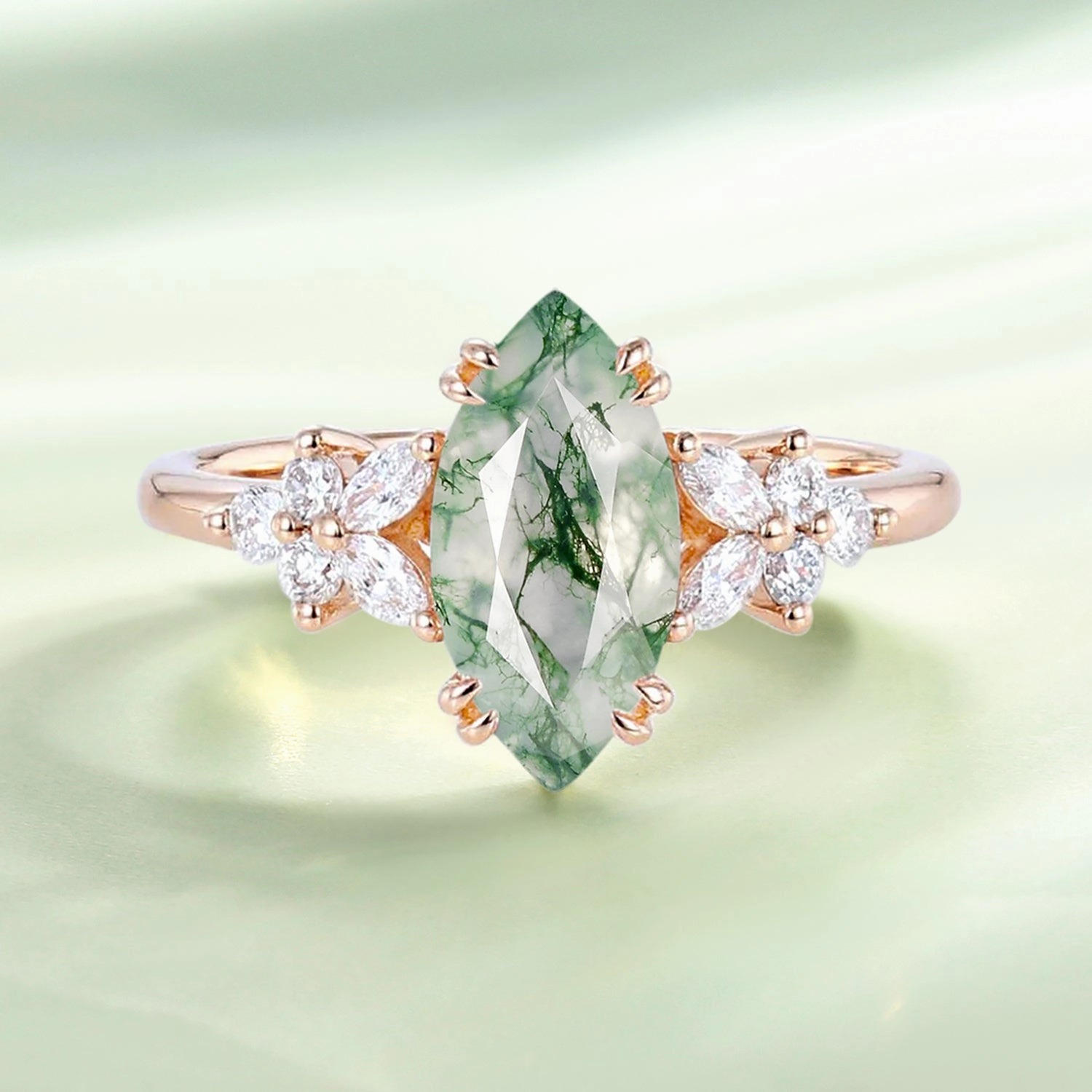 Formal Event Marquise Moss Agate Leafy Vintage Engagement Ring - Arbor