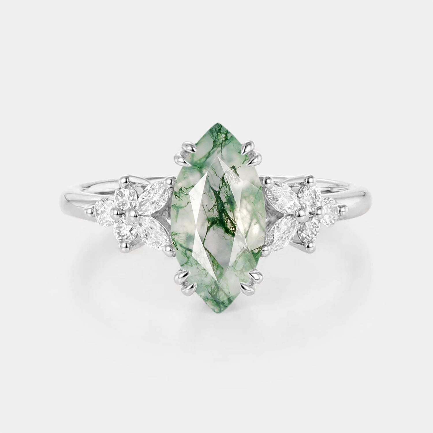 Marquise Moss Agate Leafy Vintage Engagement Ring - Arbor Sophisticated Style Luxury Memento