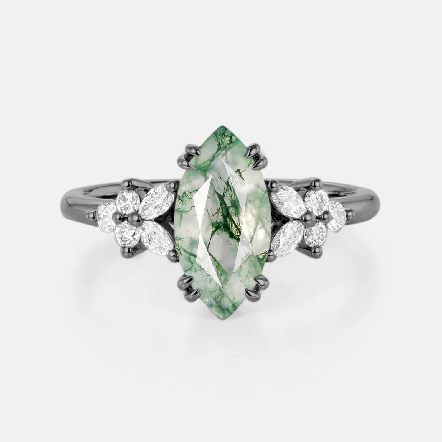 Marquise Moss Agate Leafy Vintage Engagement Ring - Arbor Glamorous Craft Delicate Look