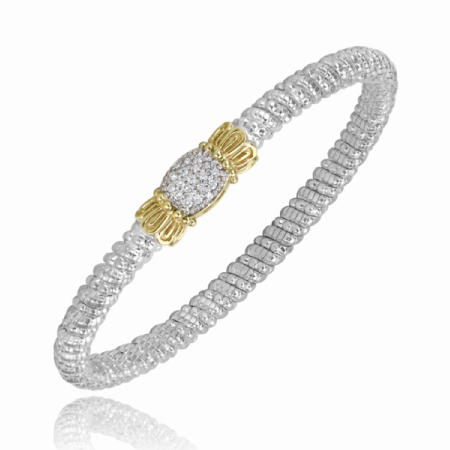 14K Yellow Gold and Sterling Silver Diamond Bangle Bracelet Luxe Look