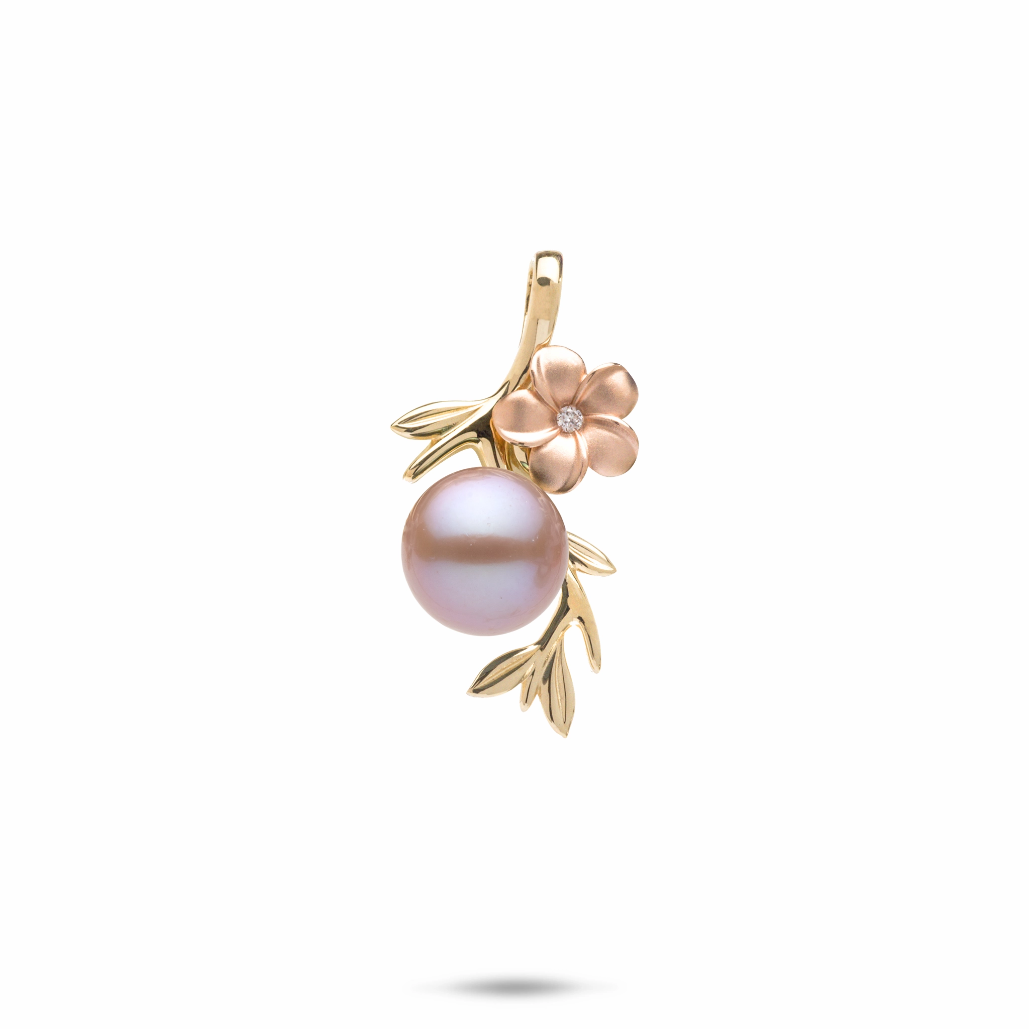 Clean Style Lustrous Accent Pearls in Bloom Plumeria Lavender Freshwater Pearl Pendant in Two Tone Gold with Diamonds - 25mm