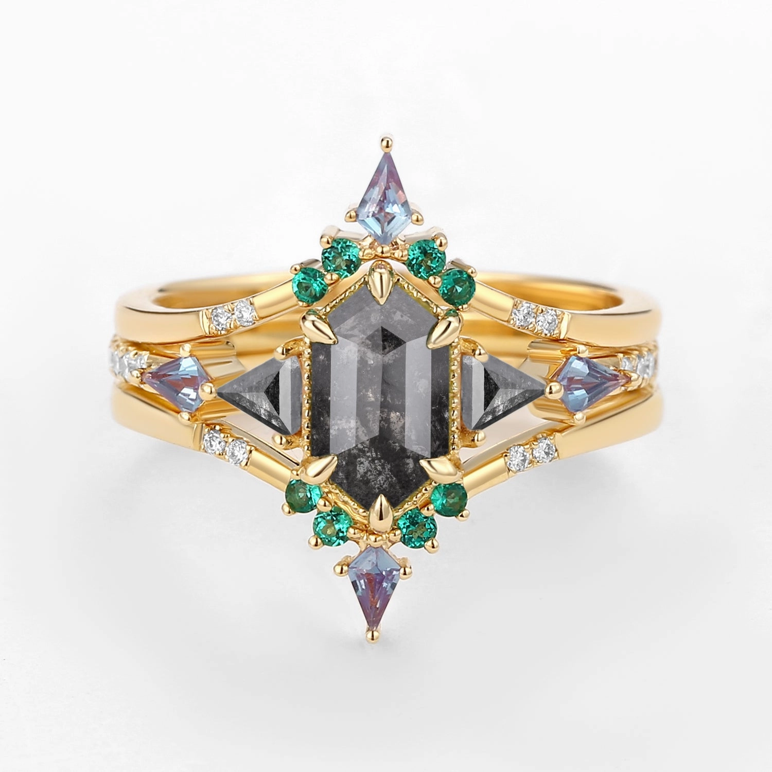 Black Gold Long Hexagon Salt and Pepper Diamond & Opal & Alexandrite & Emerald Engagement Ring Set 3pcs - Max Travel Style