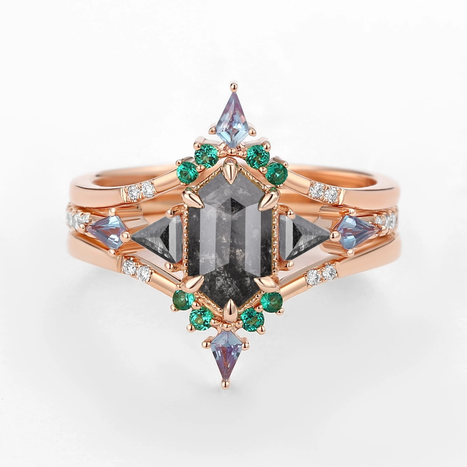 Pretty Touch Glossy Vibe Black Gold Long Hexagon Salt and Pepper Diamond & Opal & Alexandrite & Emerald Engagement Ring Set 3pcs - Max