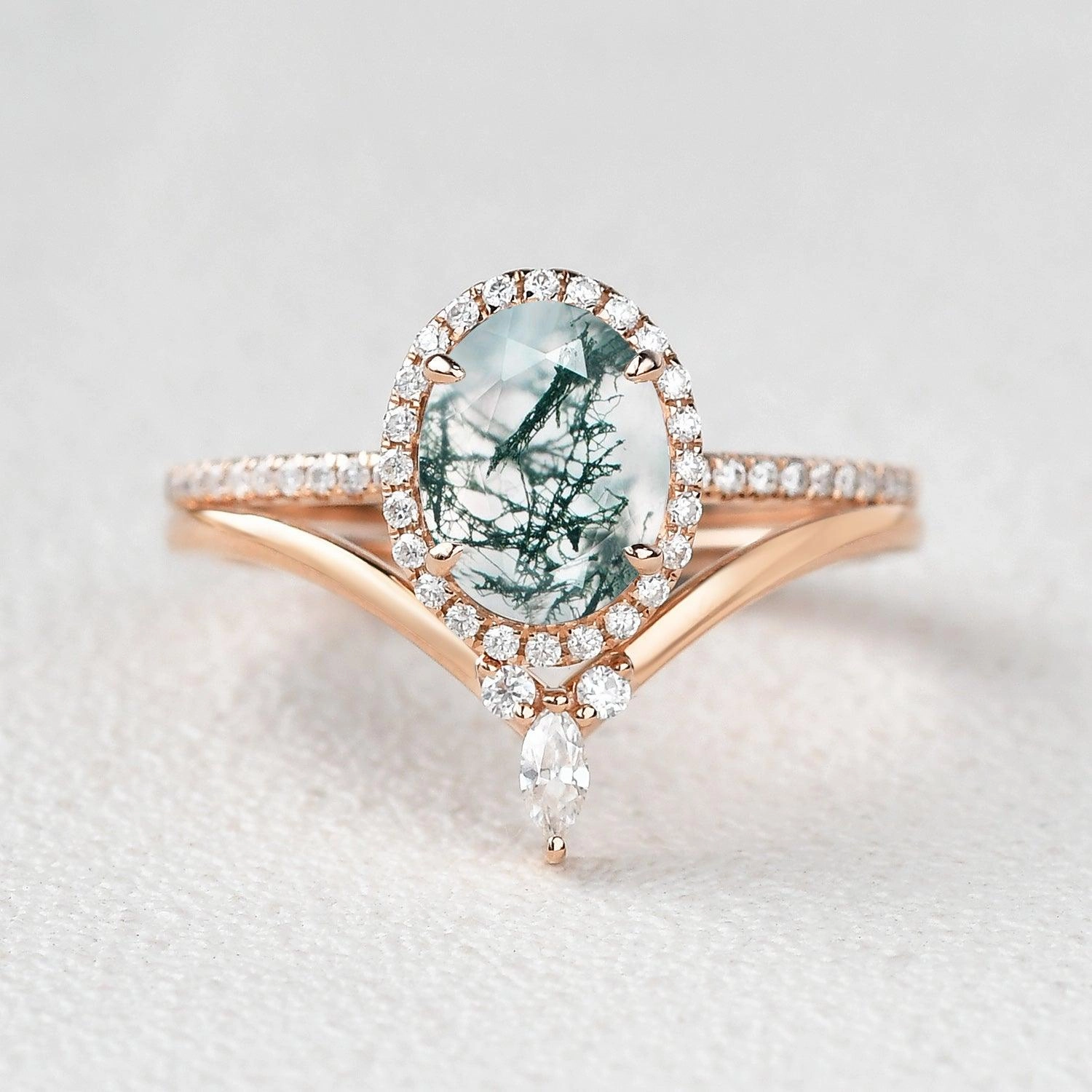 Value Item Oval Cut Moss Agate Halo Rose Gold Ring Set 2pcs