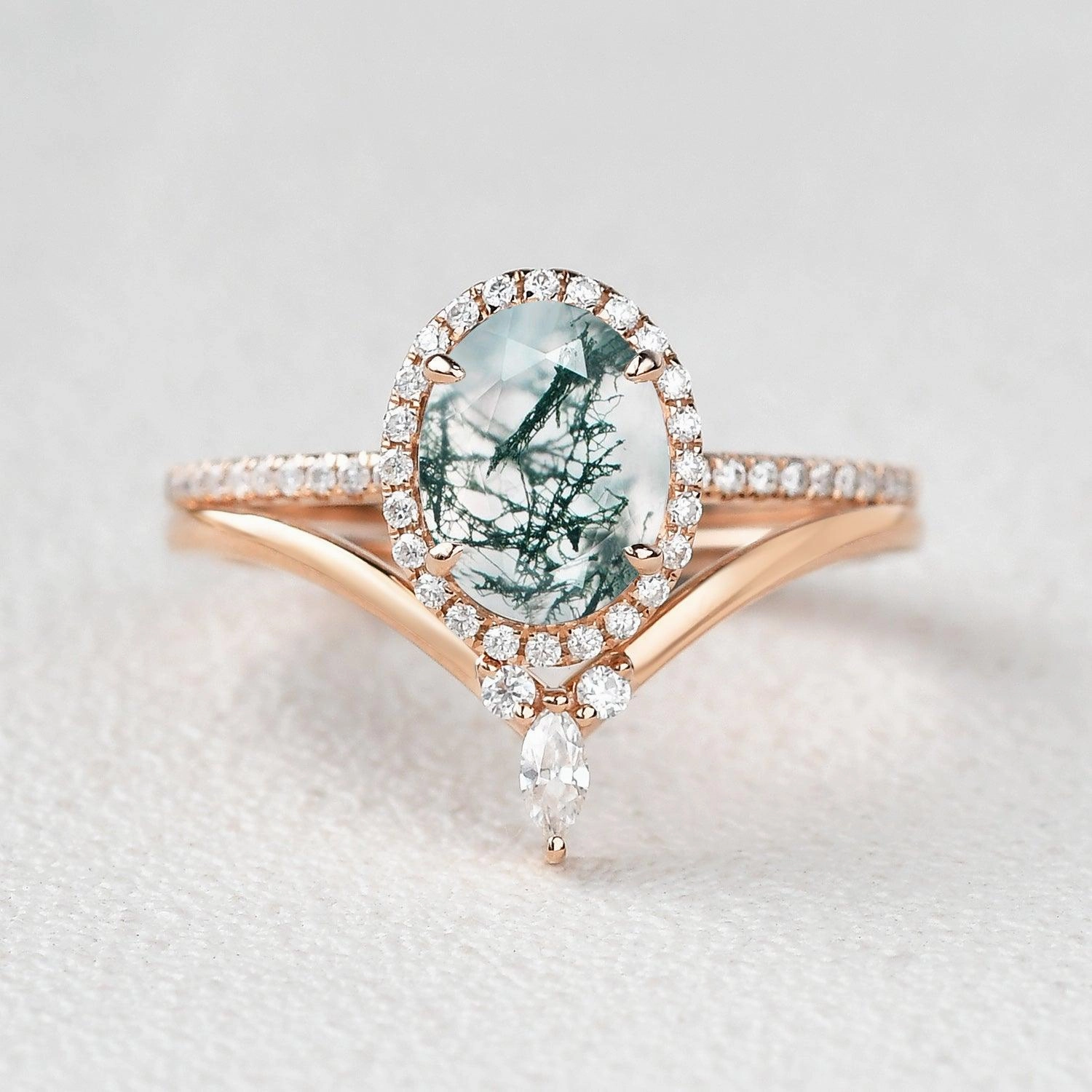 Sturdy Adornment Oval Cut Moss Agate Halo Rose Gold Ring Set 2pcs