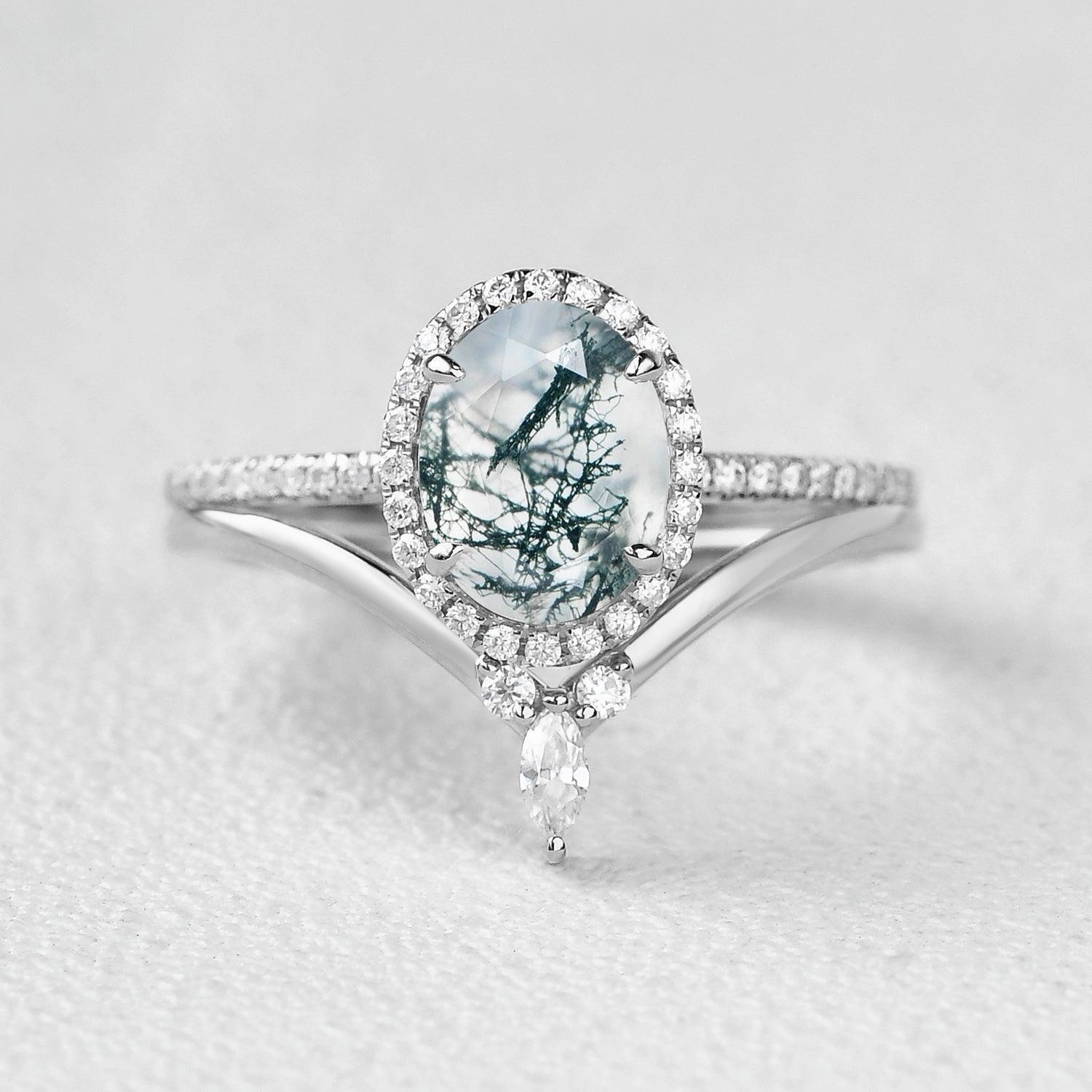 elegant design Oval Cut Moss Agate Halo Rose Gold Ring Set 2pcs