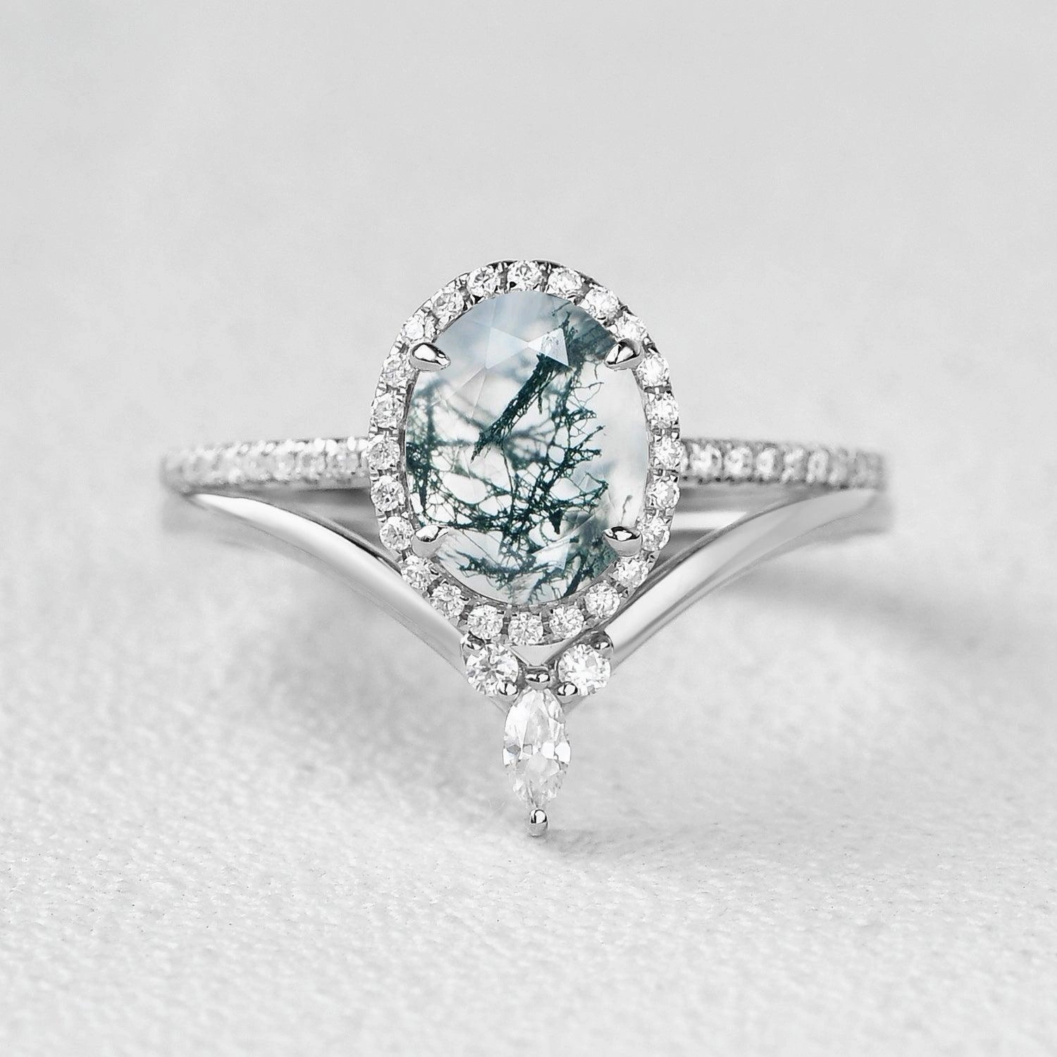 Oval Cut Moss Agate Halo Rose Gold Ring Set 2pcs Fashion Accessory Artisan Statement