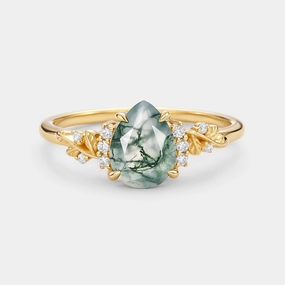 Rounded Corner Pear Cut Moss Agate Leaf Engagement Ring - Verdant