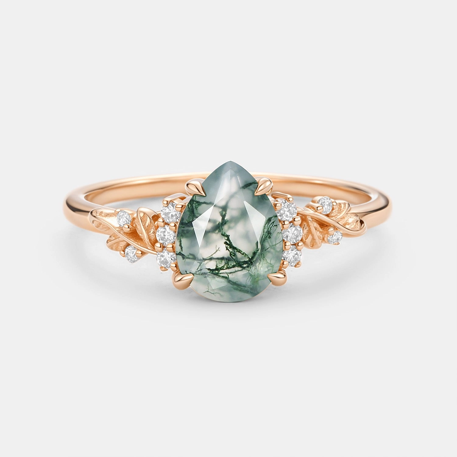 Durable Adornment Shimmer Accent Pear Cut Moss Agate Leaf Engagement Ring - Verdant