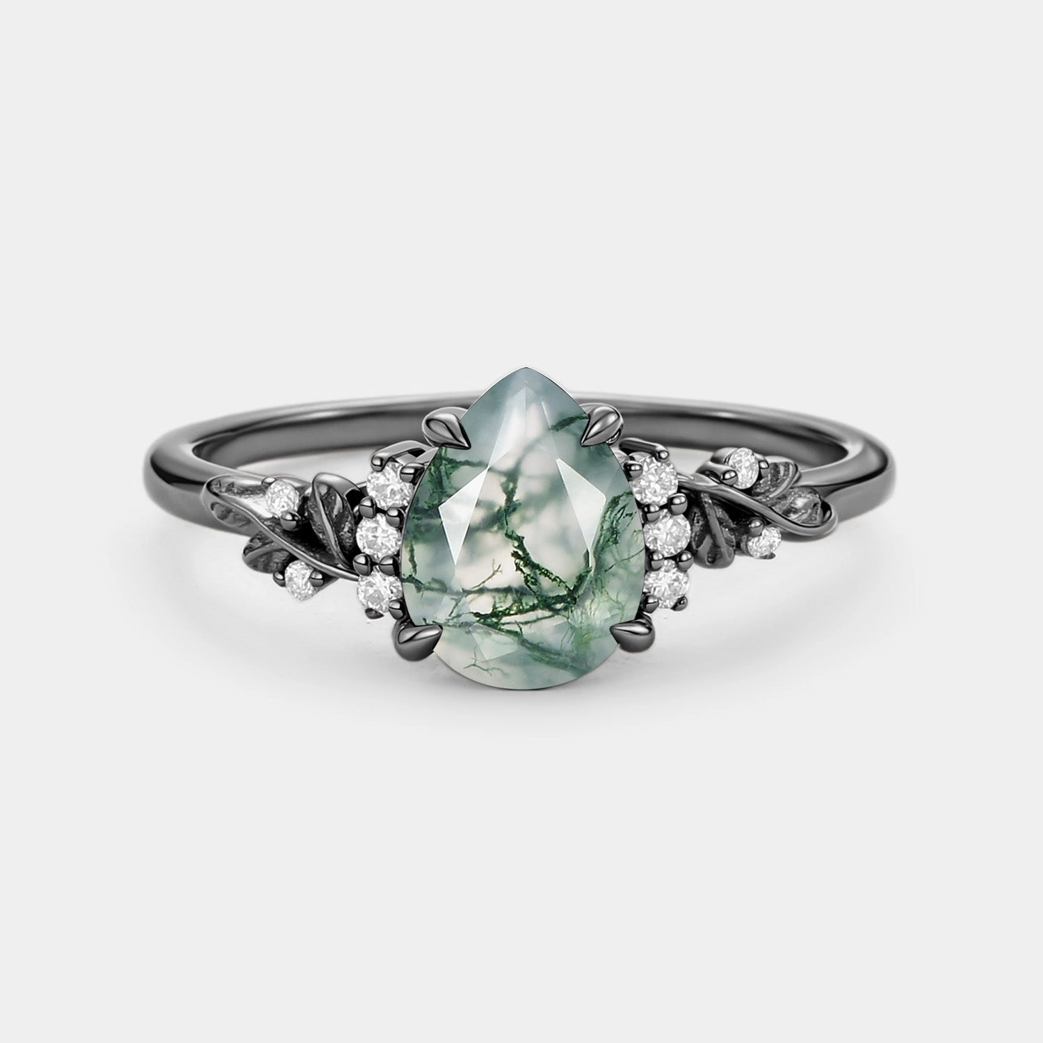 exquisite design Unique Look Pear Cut Moss Agate Leaf Engagement Ring - Verdant