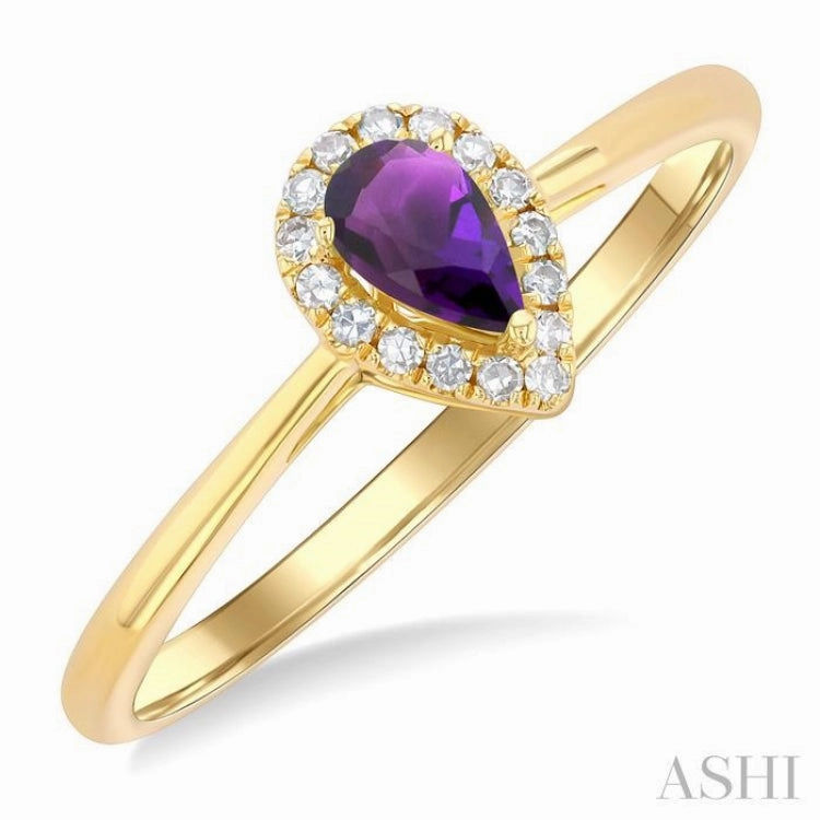 Sophisticated Style Superior Item 5x3 MM Pear Shape Amethyst and 1/20 Ctw Single Cut Diamond Halo Semi-Precious Ring in 14K Yellow Gold