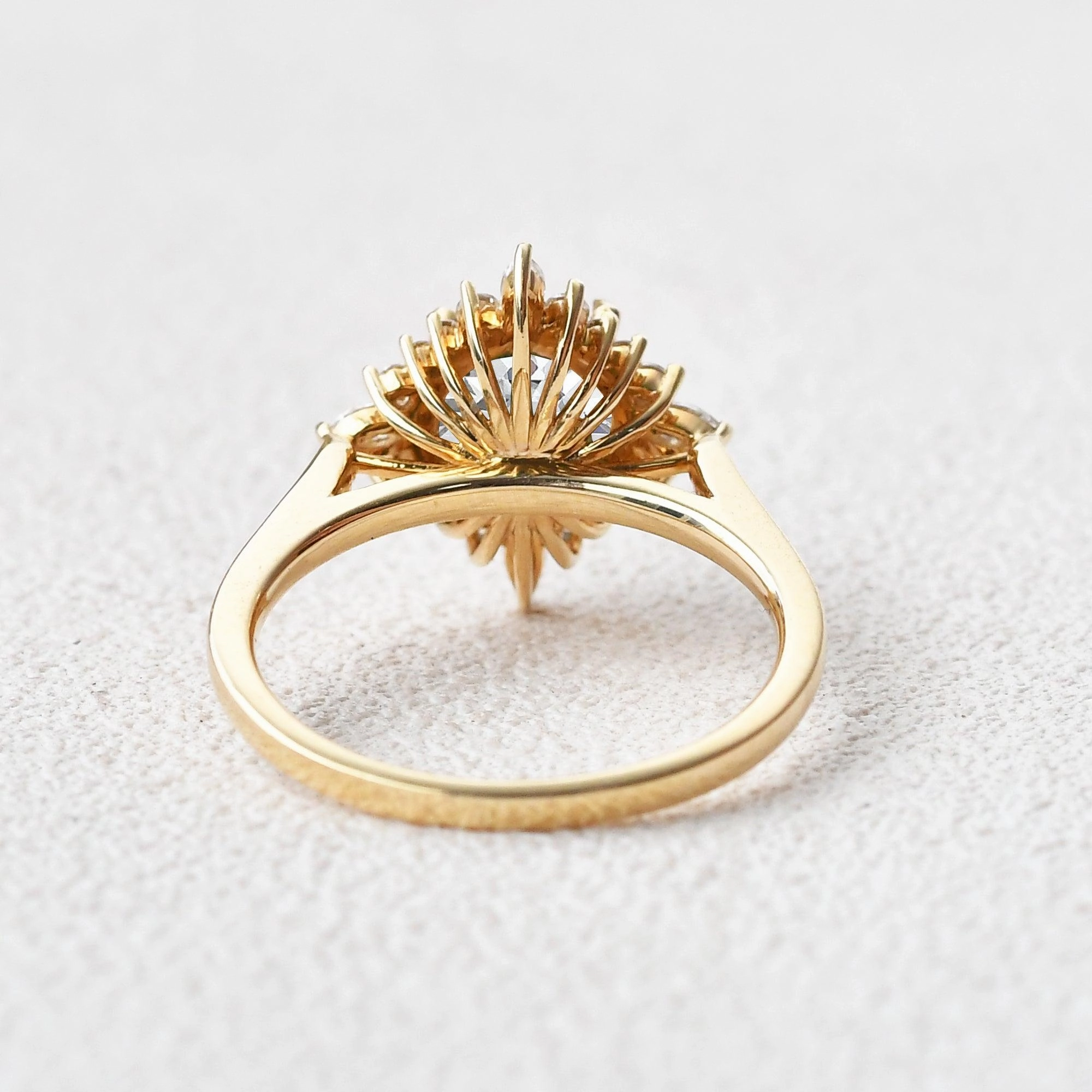 Round Cut Moissanite Floral Inspired Yellow Gold Ring Holiday look