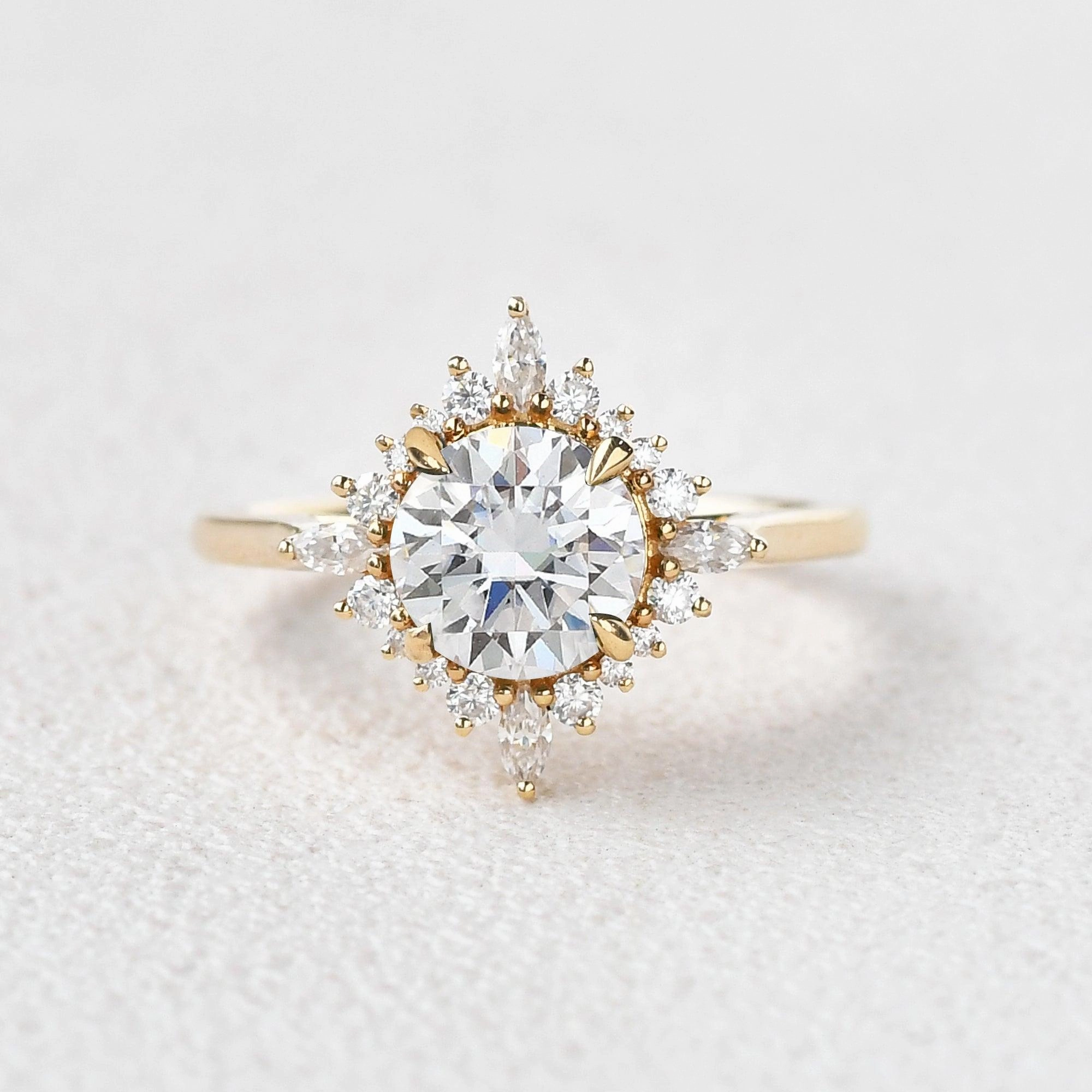 Classic Embellishment Round Cut Moissanite Floral Inspired Yellow Gold Ring