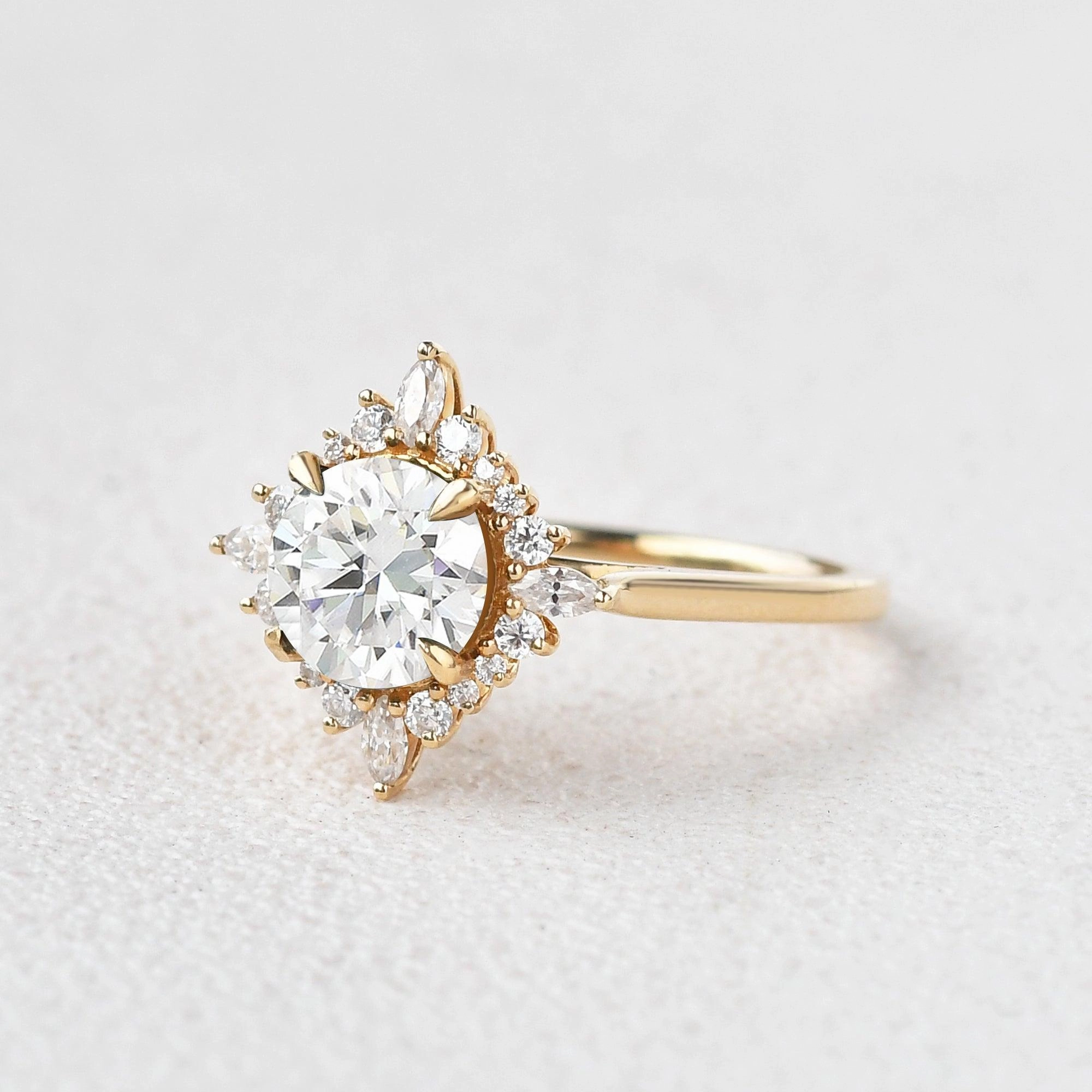 Round Cut Moissanite Floral Inspired Yellow Gold Ring Evening Shine Evening Glow