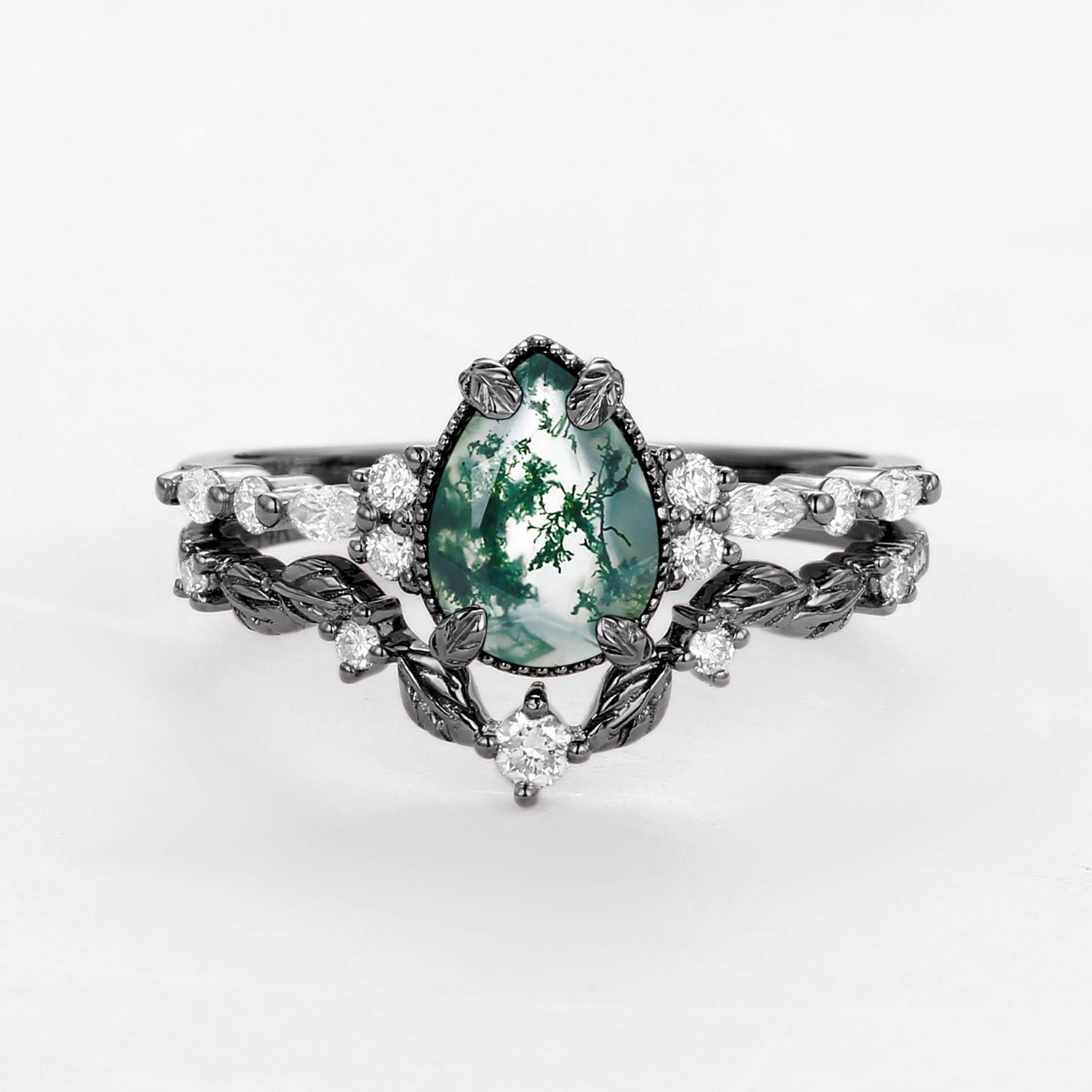 Effortless Glow soft look Black Gold Vintage Pear Shaped Moss Agate Leafy Ring Set 2pcs